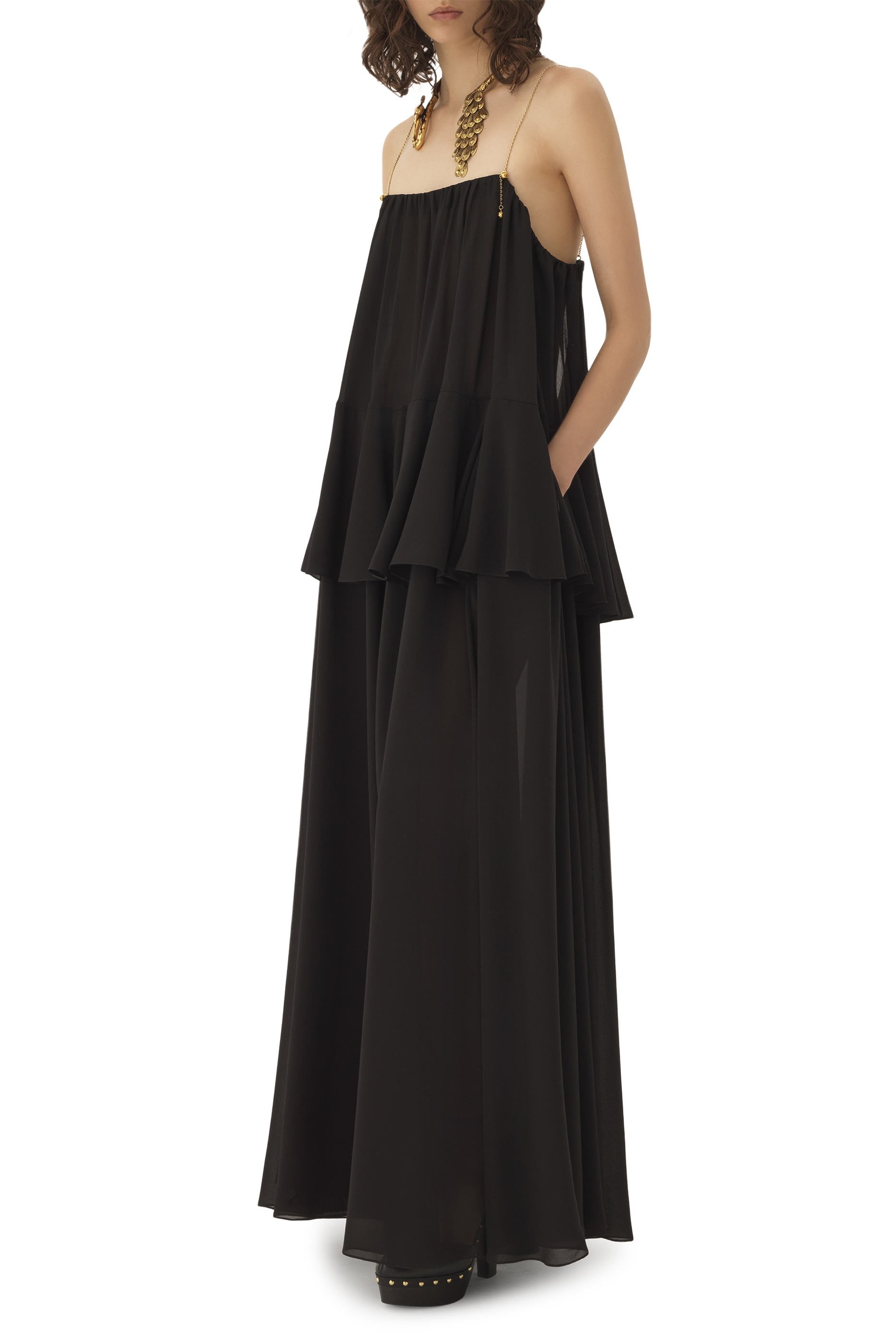 فستان جورجيت طويل بلا أكمام حرير