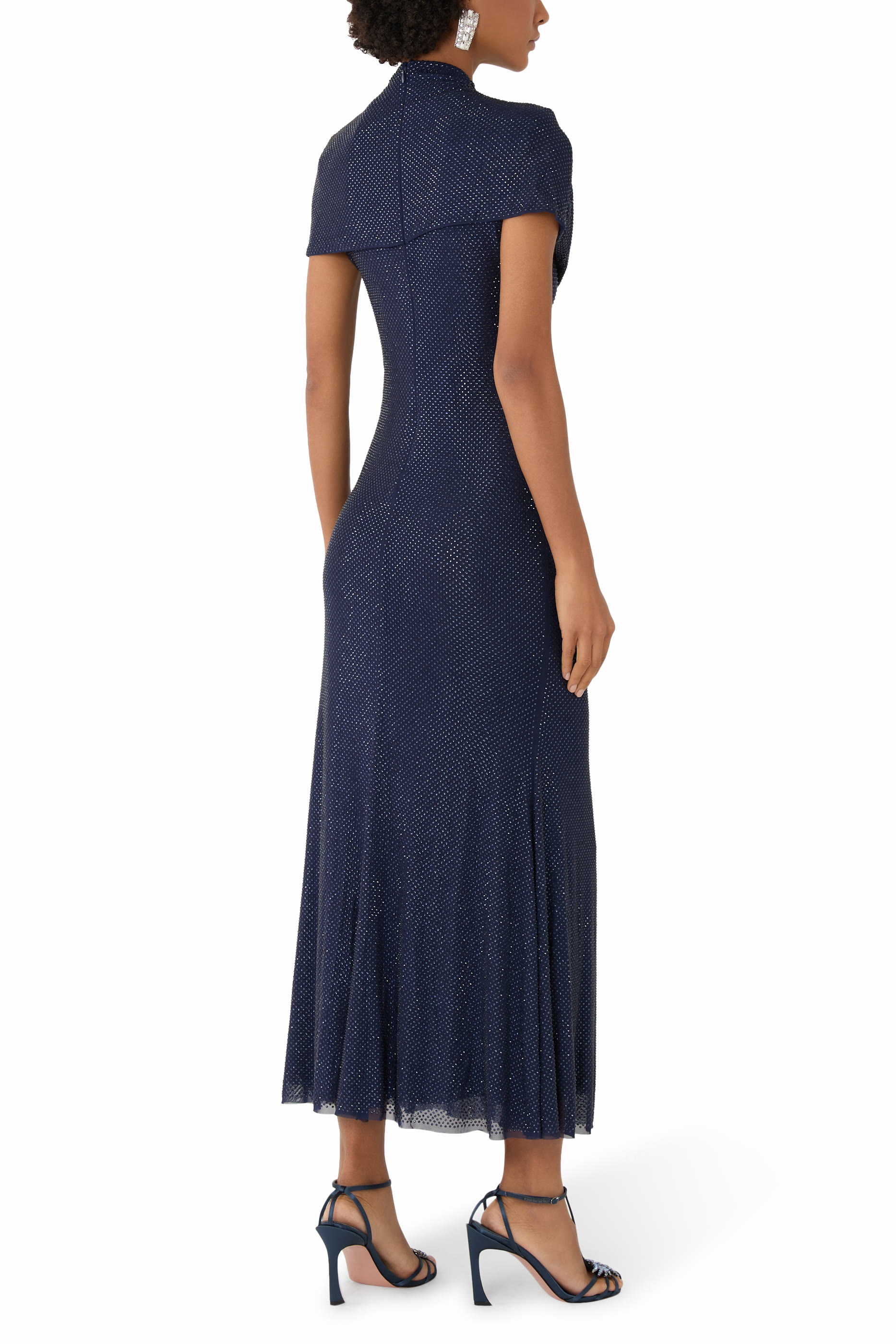 فستان متوسط الطول بفتحات مرصع بأحجار الراين قماش شبكي