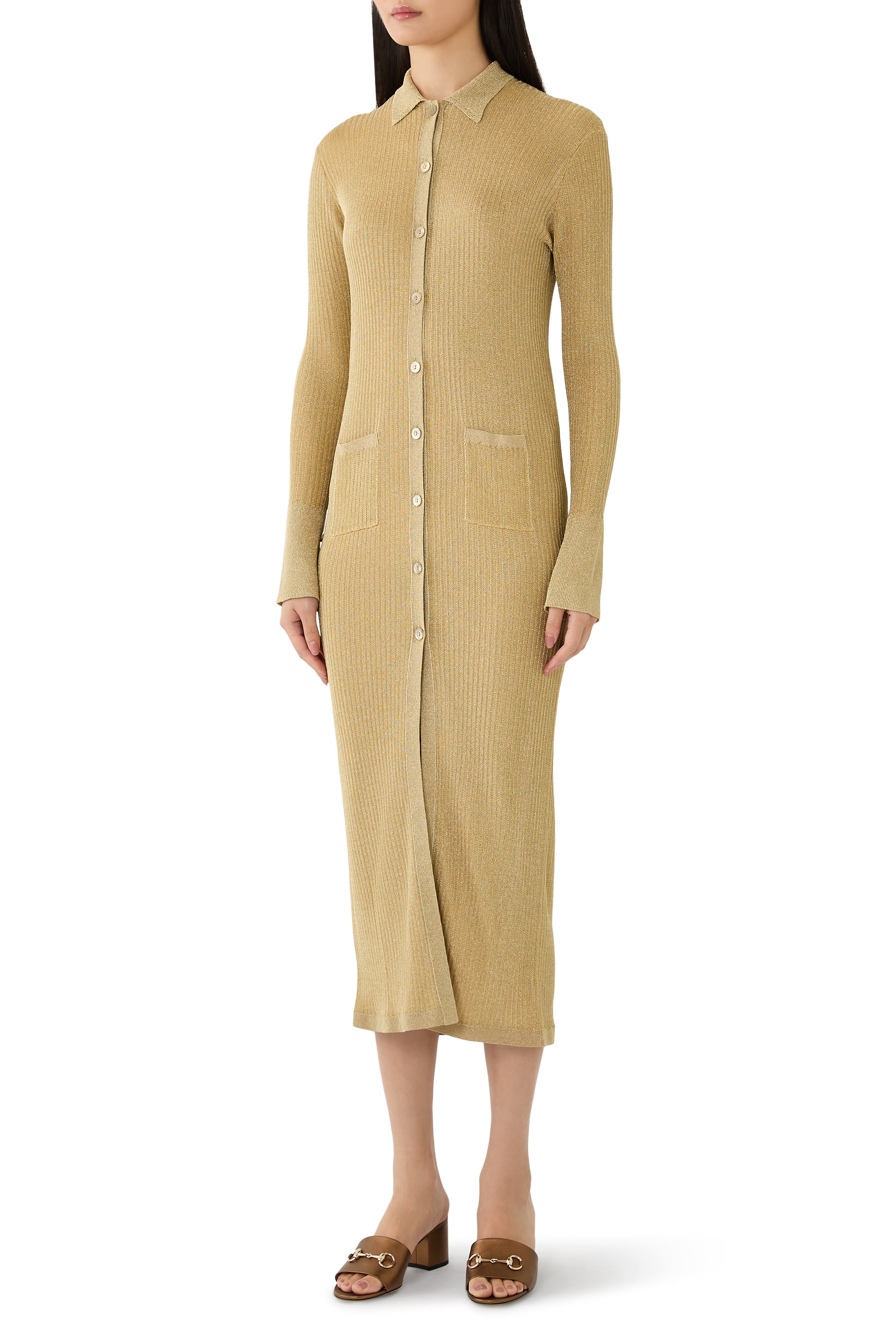 فستان بياقة بولو قماش مضلع