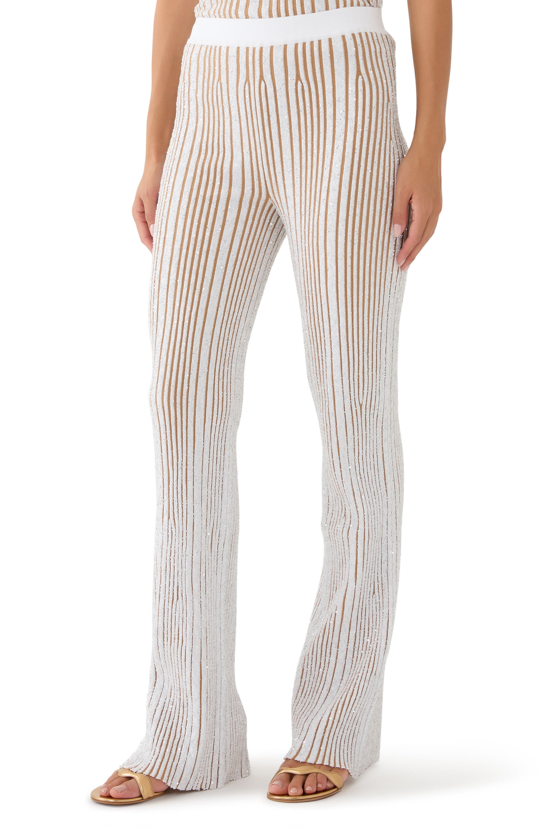 بنطال بقصة ساق واسعة نسيج مطرز جزئيا بترتر