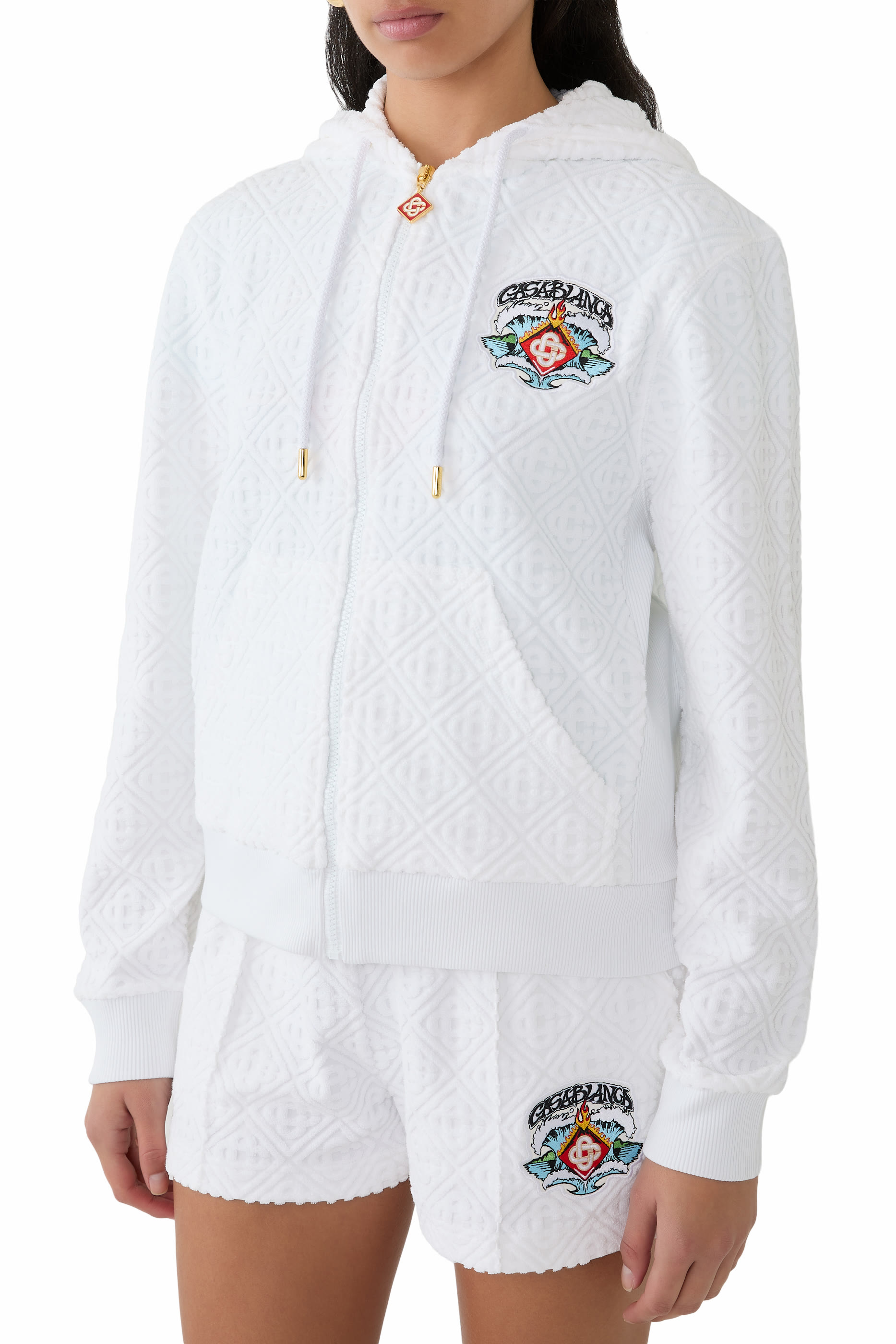 هودي بسحاب كامل وتطريز بتصميم أمواج وحروف شعار الماركة قماش فائق الإمتصاص