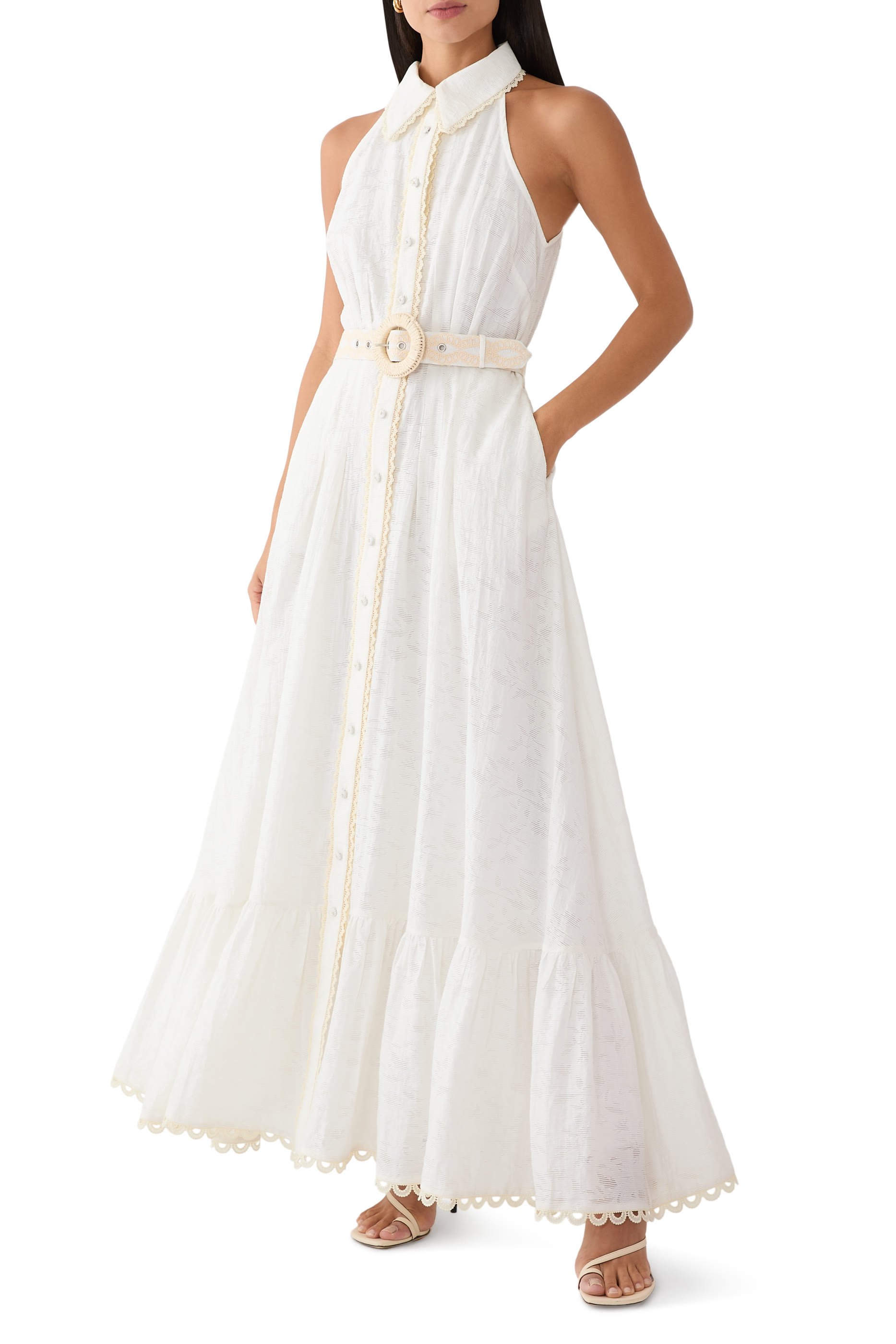 فستان بدون أكمام متوسط الطول بتصميم قميص مع حزام