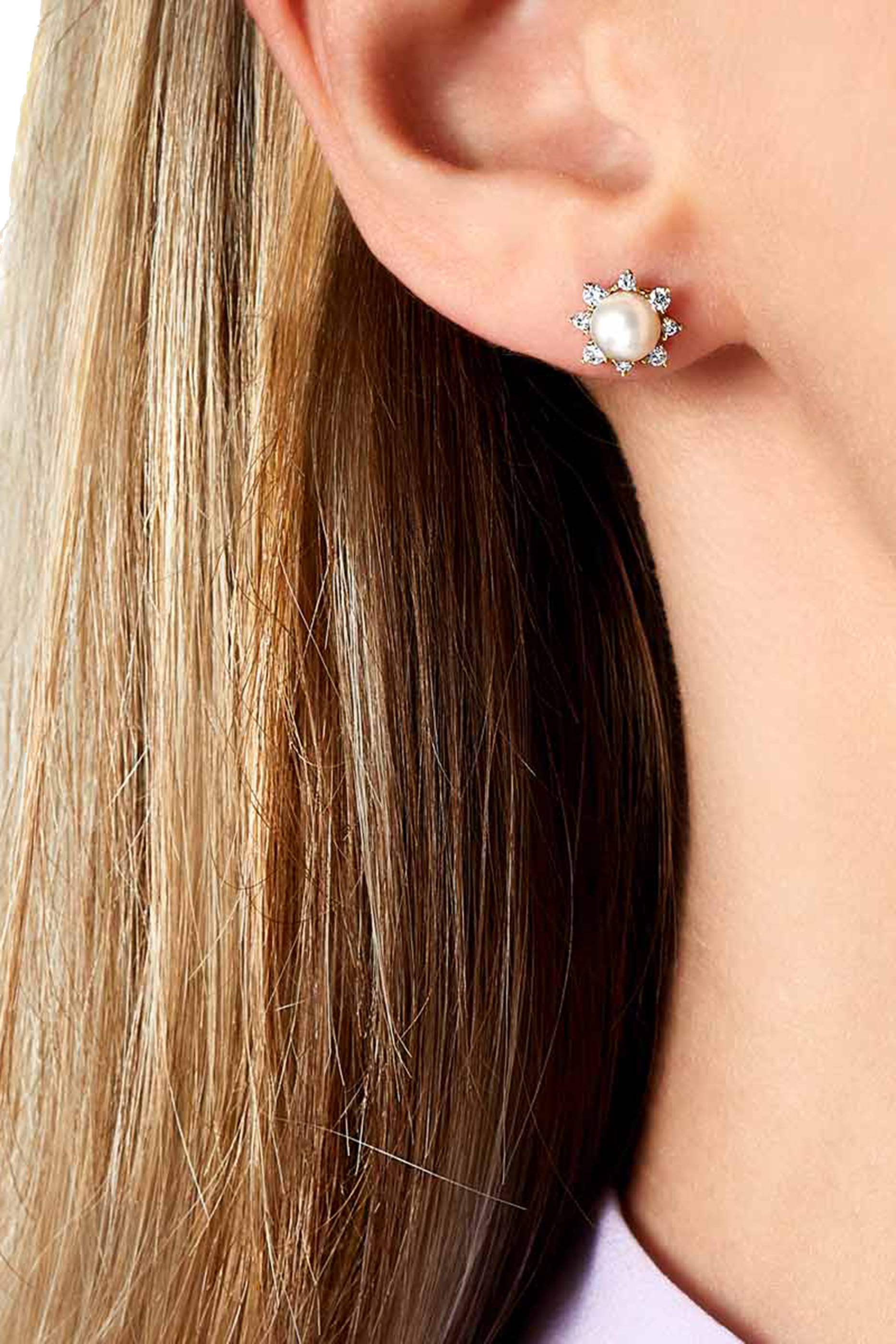  أقراط تريند بتصميم نجمة مرصعة بماس ولؤلؤ مياه عذبة، ذهب أصفر عيار 18