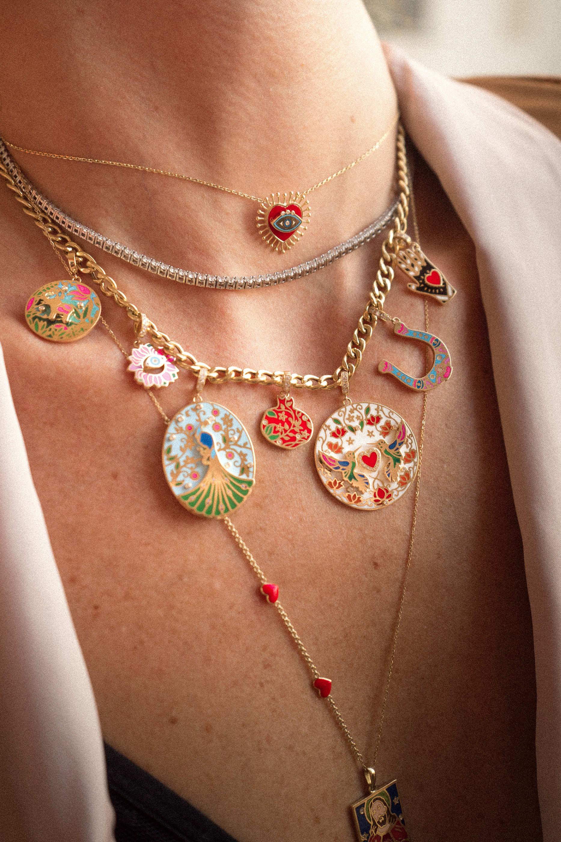 Eye Heart U Necklace, 18k Yellow Gold & Diamonds & Coral Stone