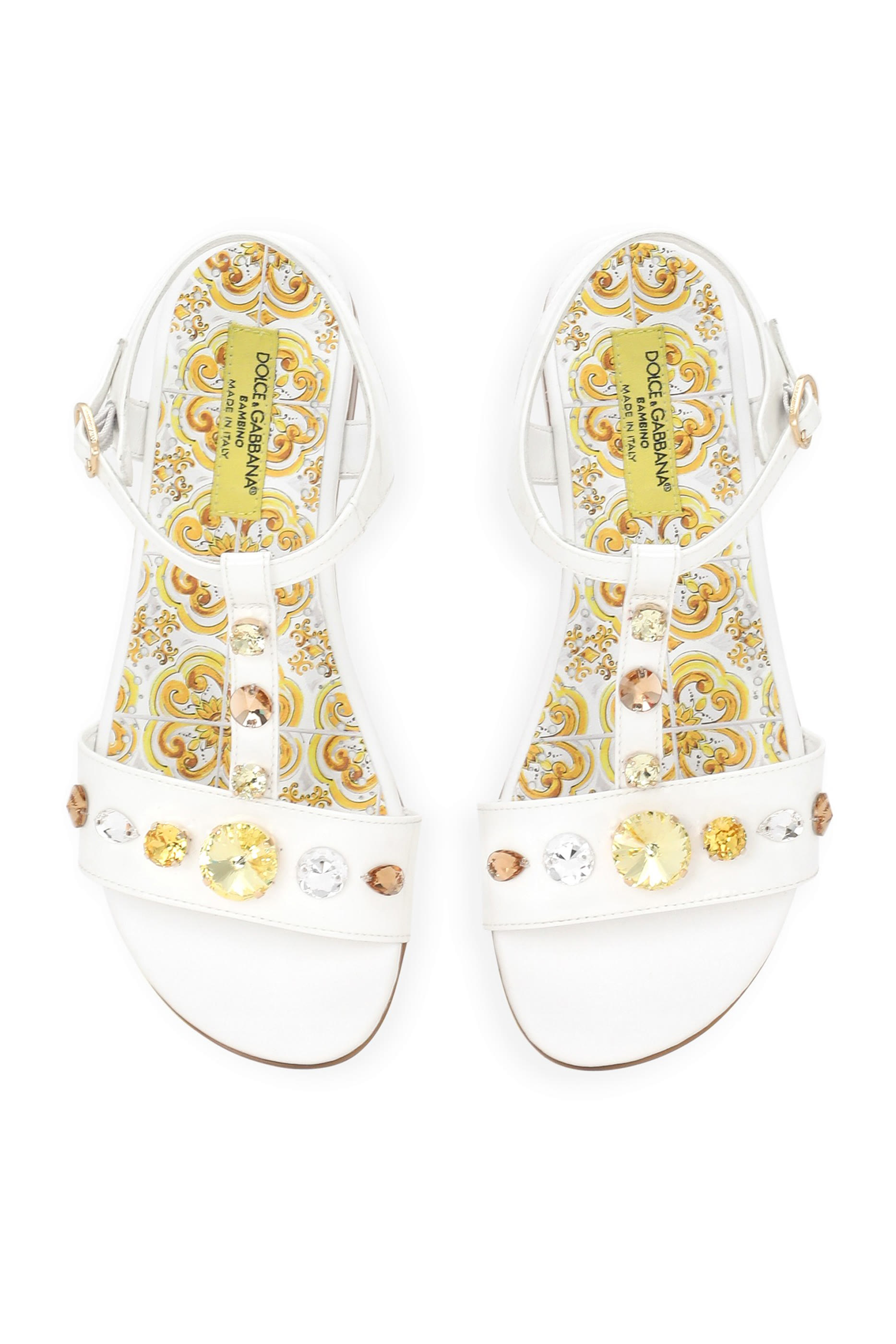 صندل جلد عجل بنقشة مايولكا بلون أصفر وكريستال سواروفسكي للأطفال