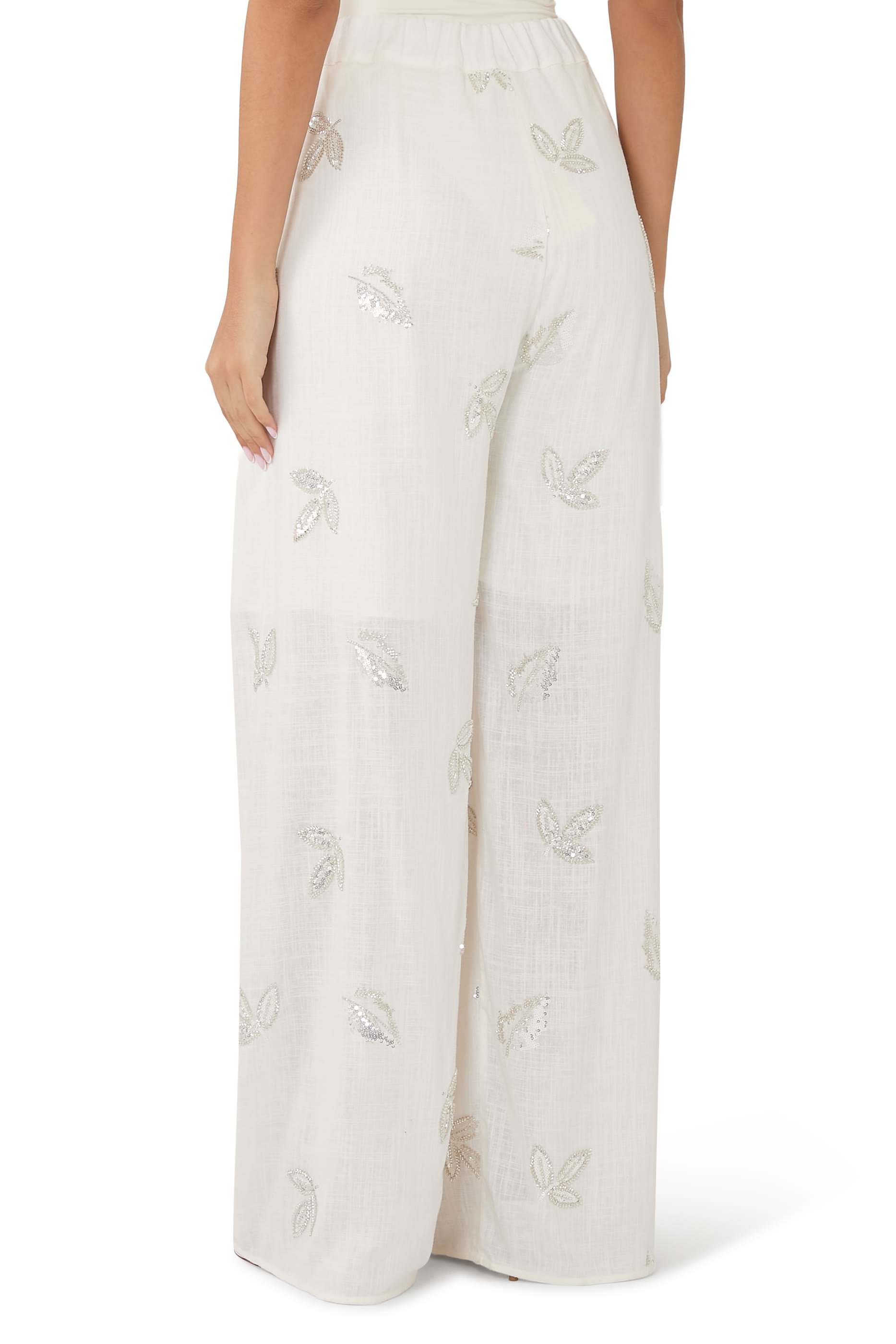 بنطال بيجامة بقصة فضفاضة مزين بترتر كتان مطرز