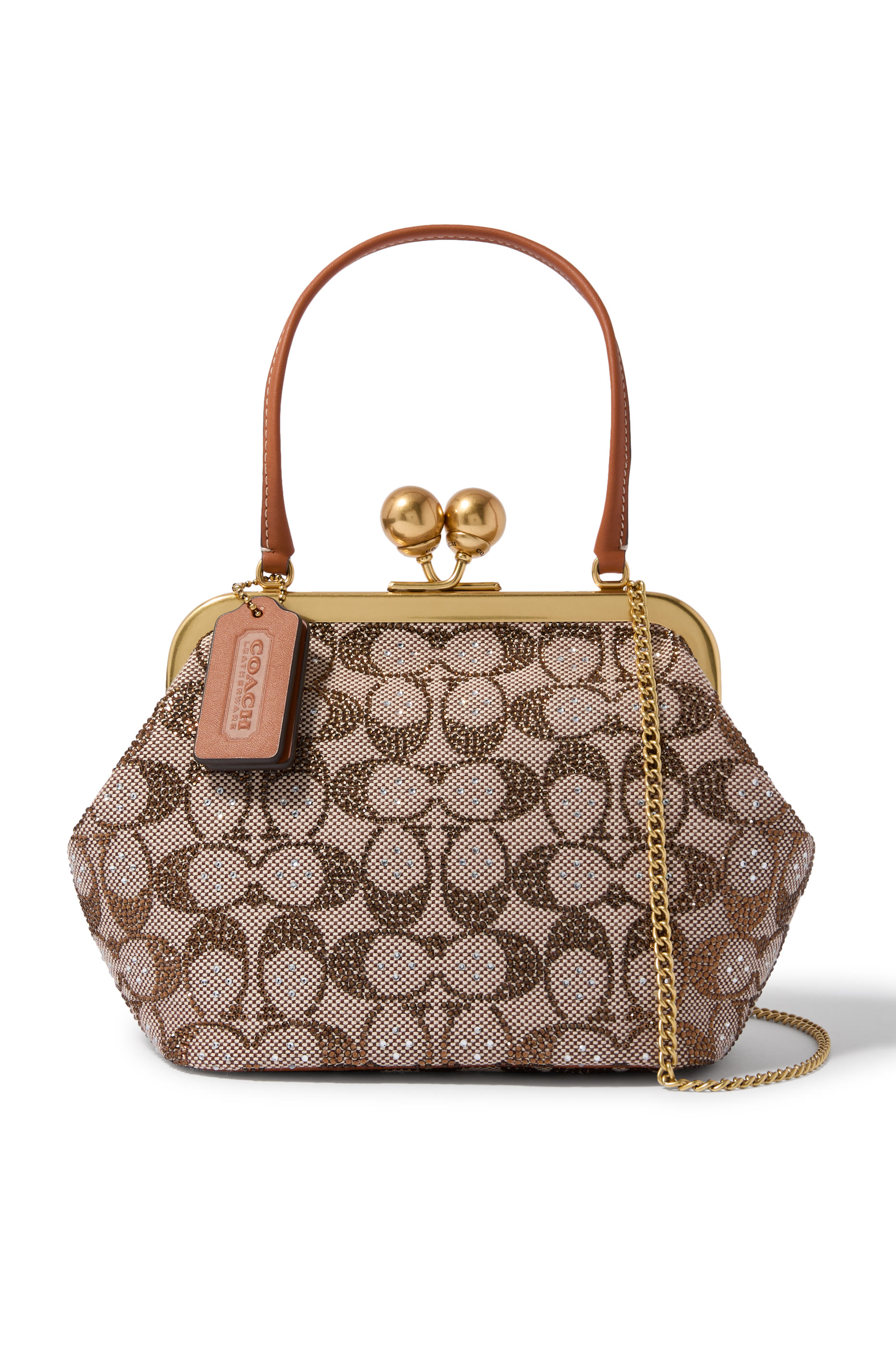 حقيبة فريم 16 مرصعة بكريستال جاكار بشعار الماركة ومشبك متقاطع