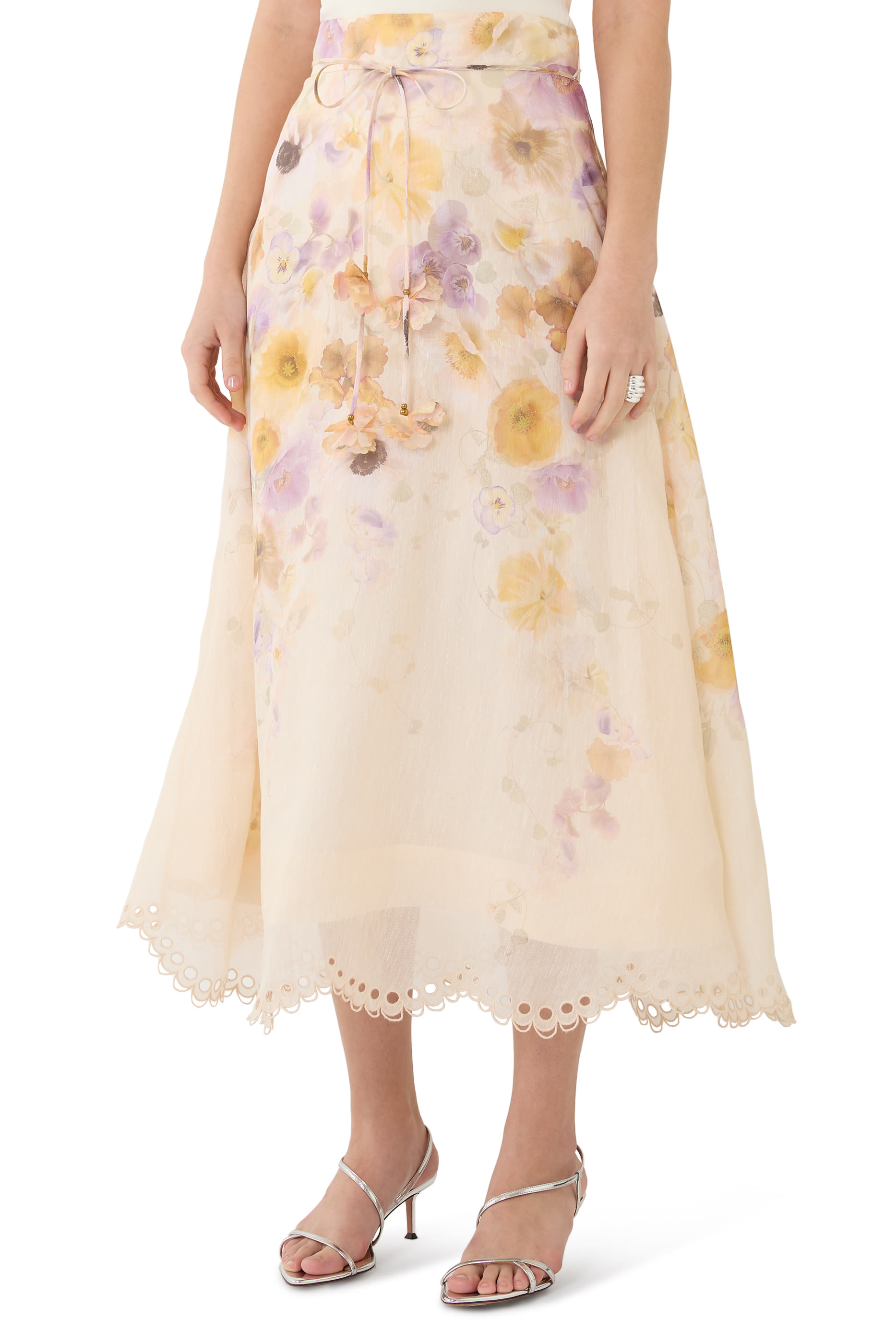 تنورة متوسطة الطول بنقشة زهور حرير