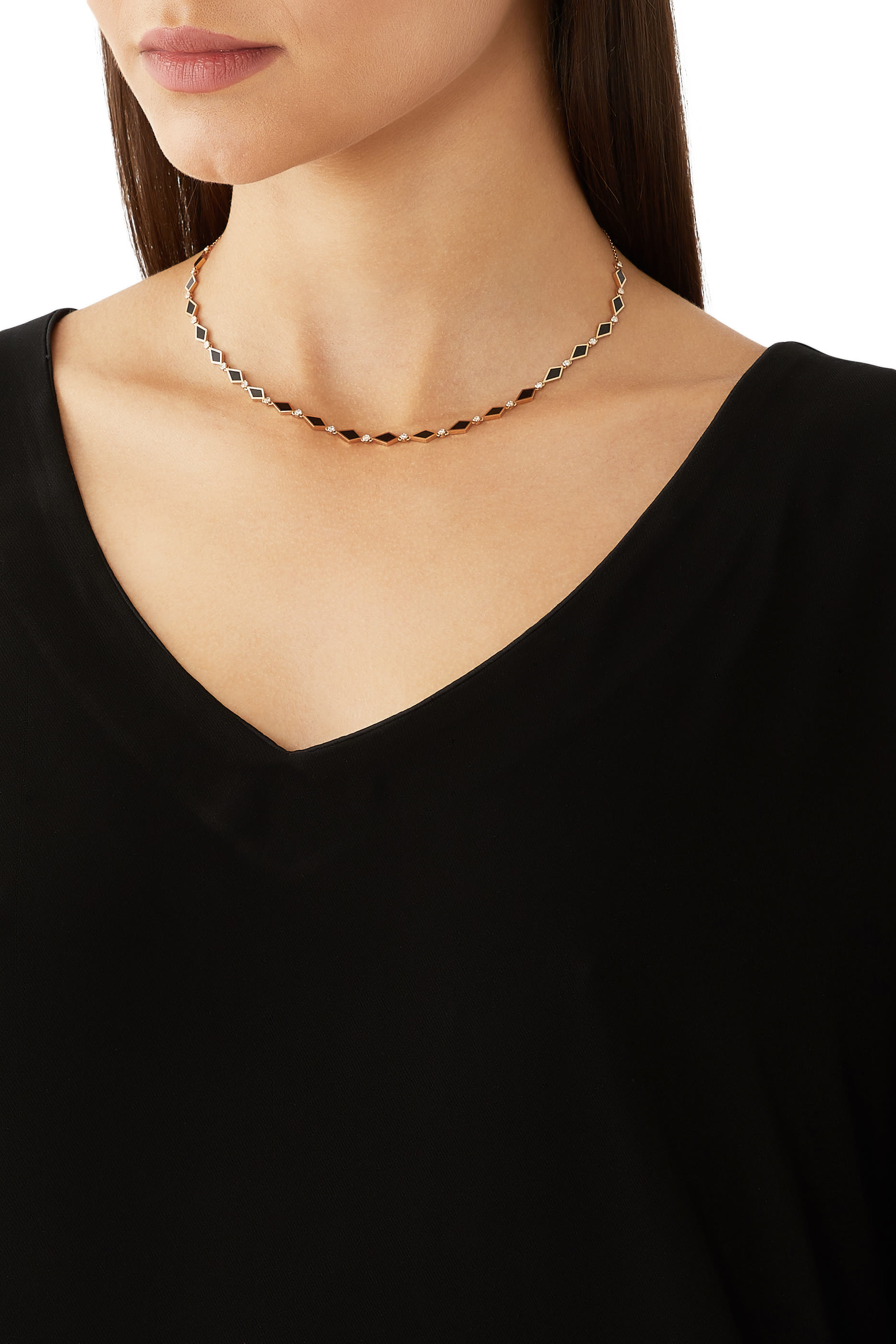 قلادة رقبة موزاييك مزينة بمينا حمراء وبلاك ماروكو ذهب وردي عيار 18