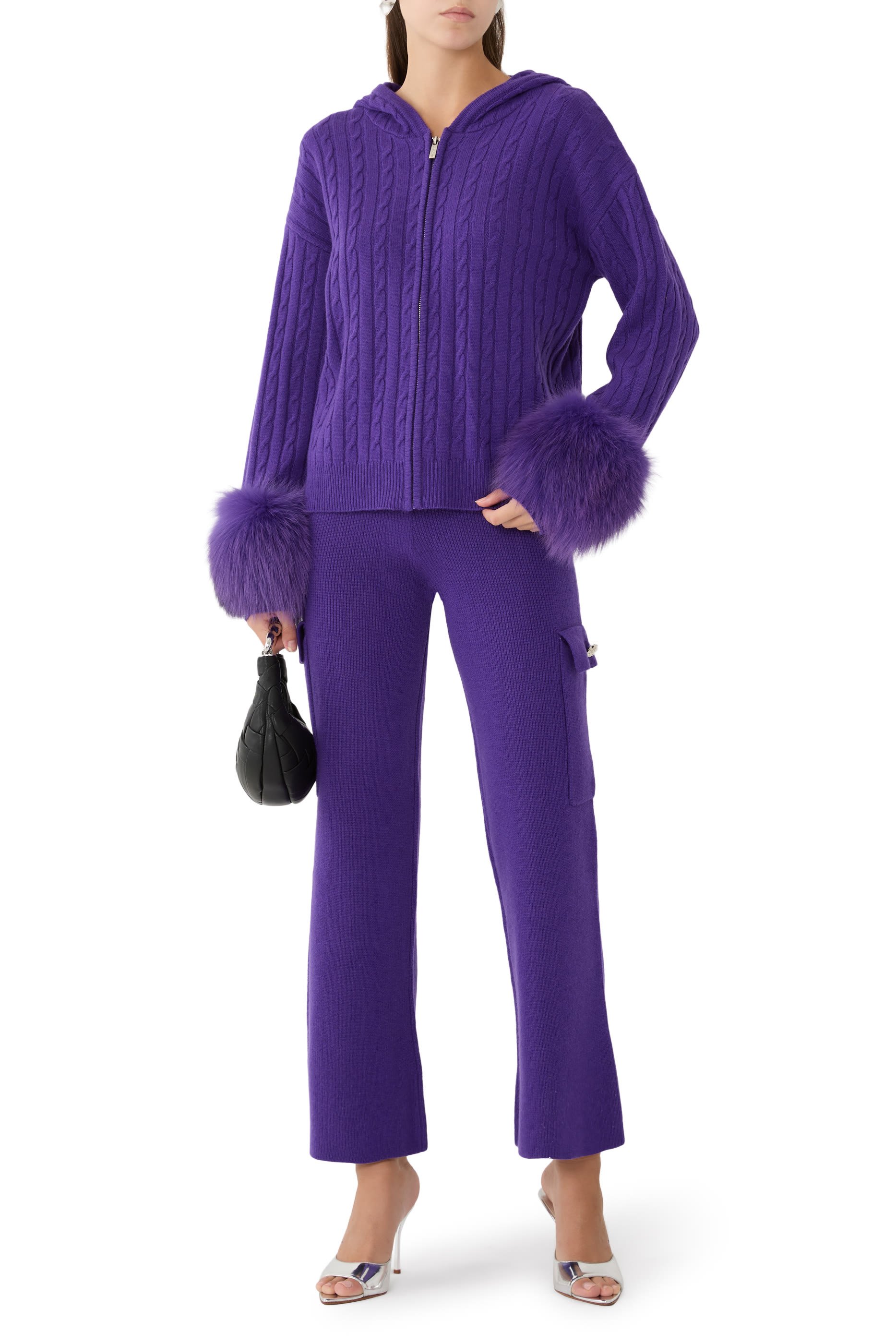 كارديجان منسوج بغرزة الضفيرة بسحاب وأساور فرو صناعي