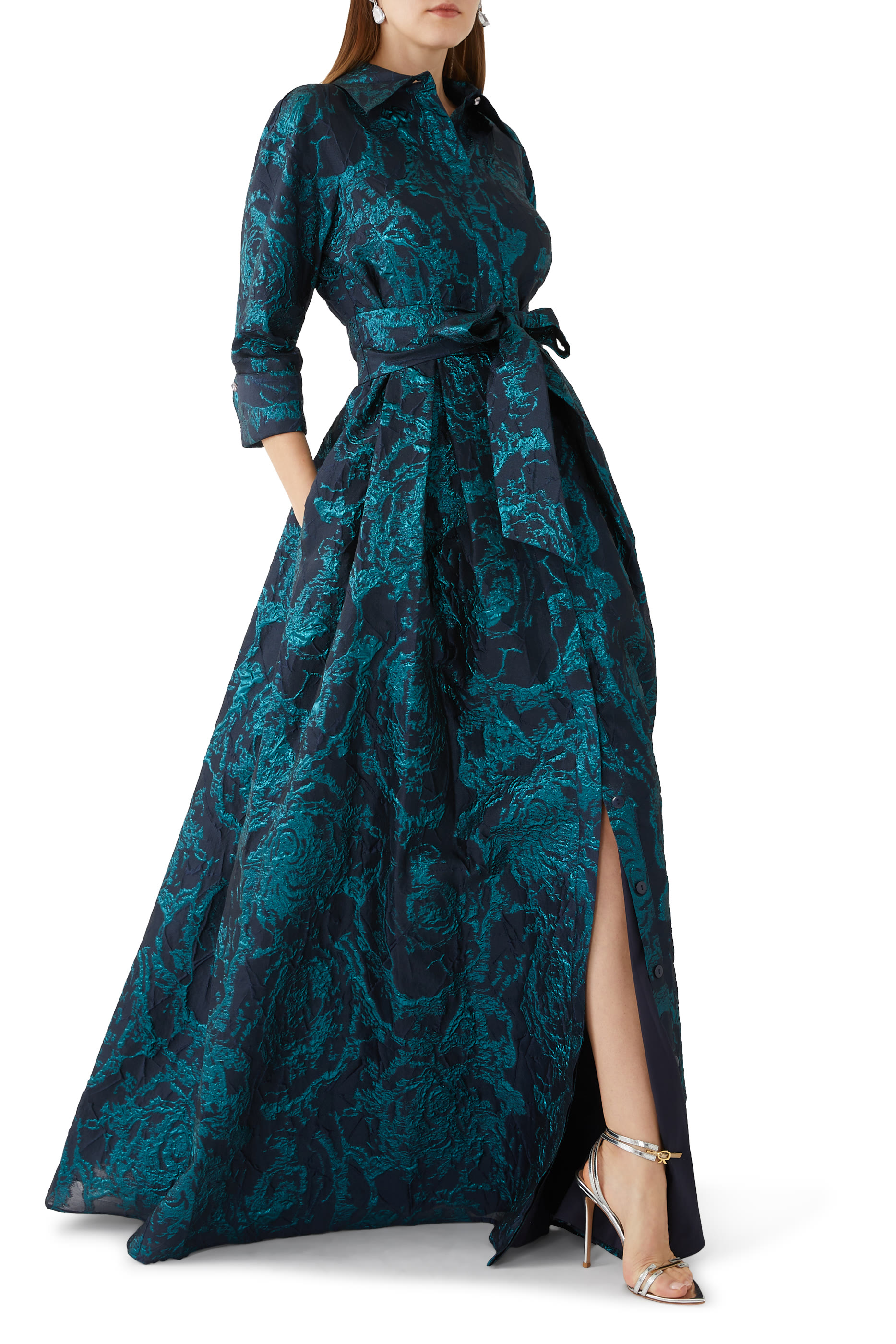 فستان بتصميم قميص بطبعة تجريدية جاكار لامع