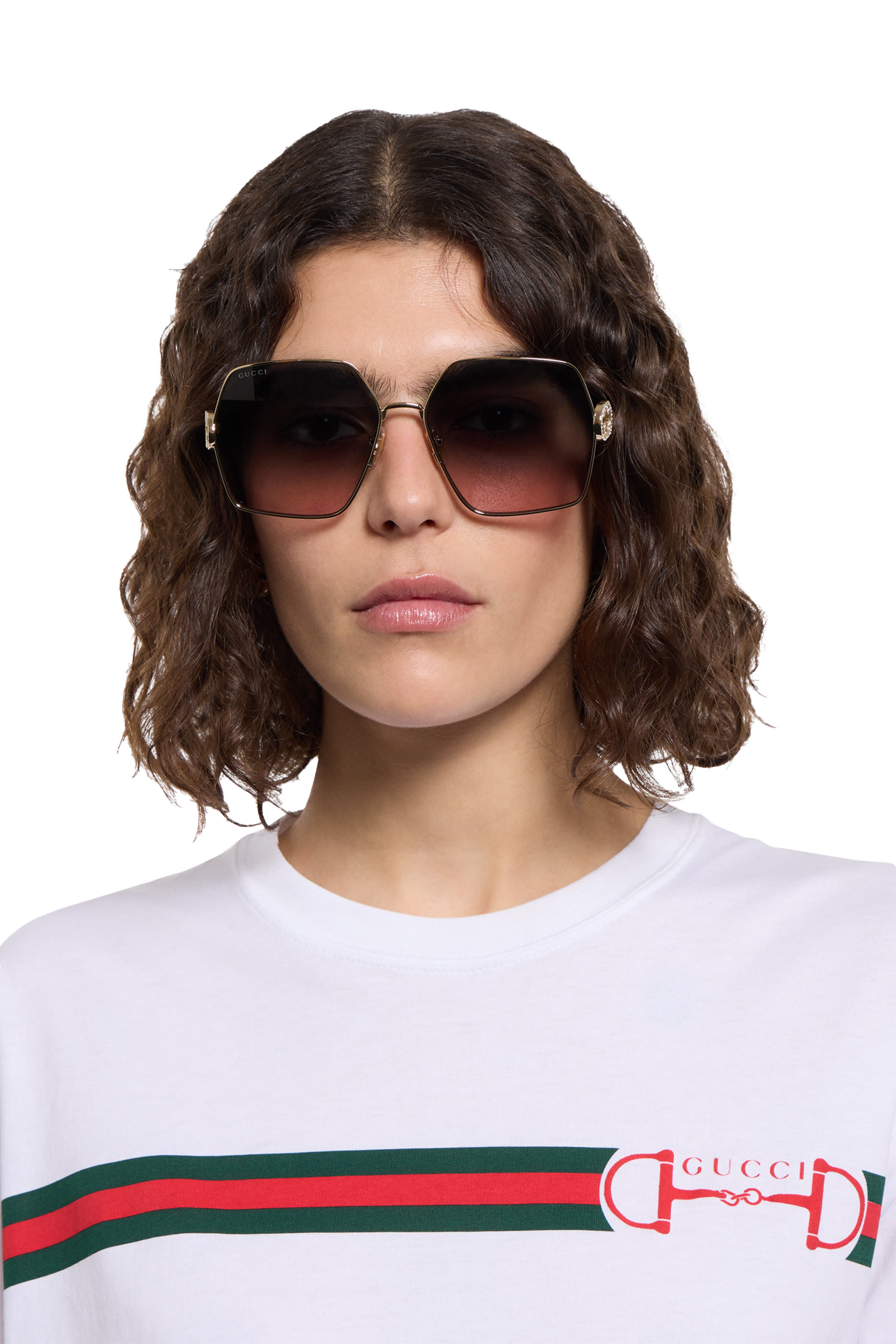 نظارة شمسية بإطار بيضاوي وحرفي شعار الماركة بتصميم متداخل مرصعين بالكريستال