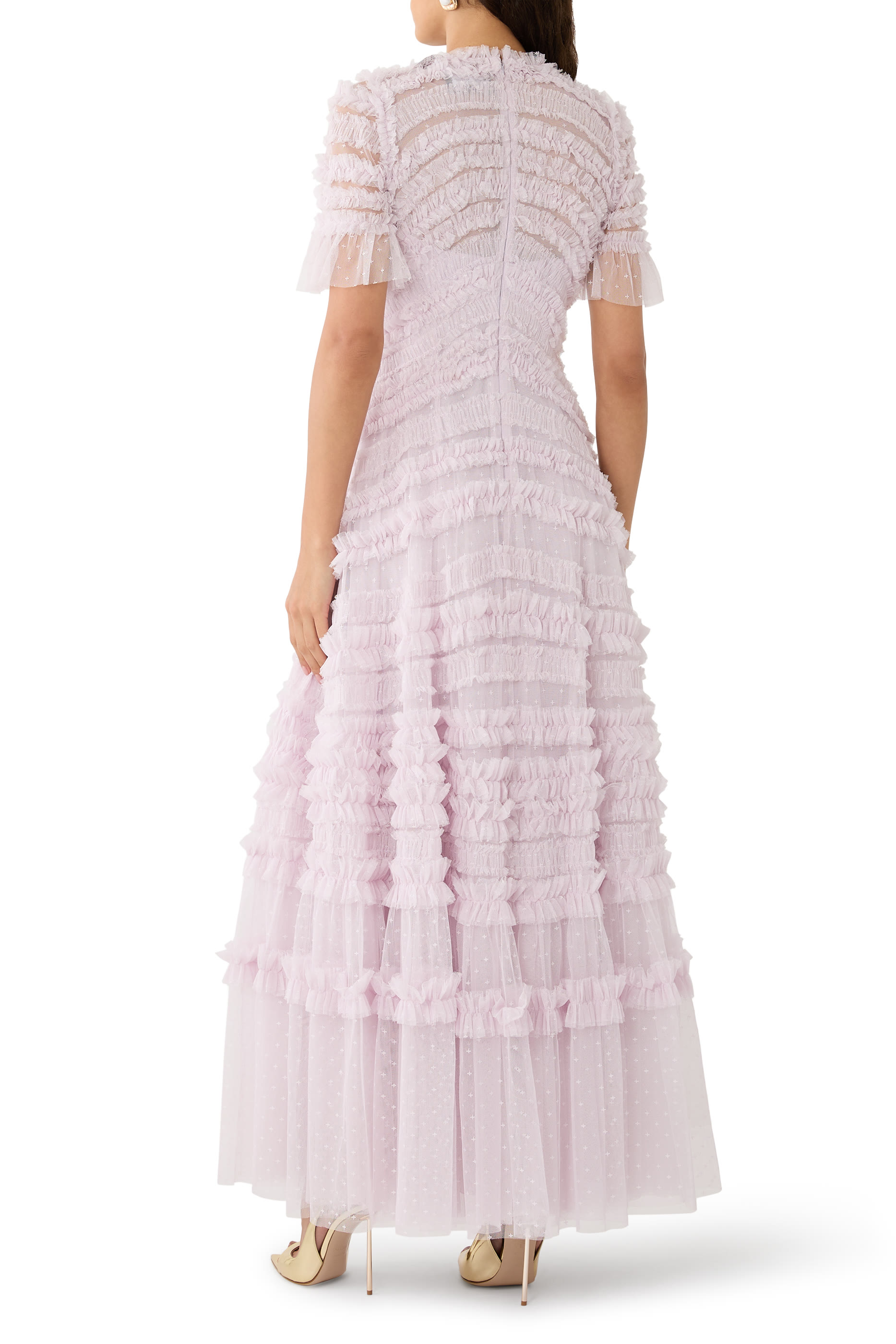 فستان سهرة أمارا بياقة مستديرة مزين بكشكش