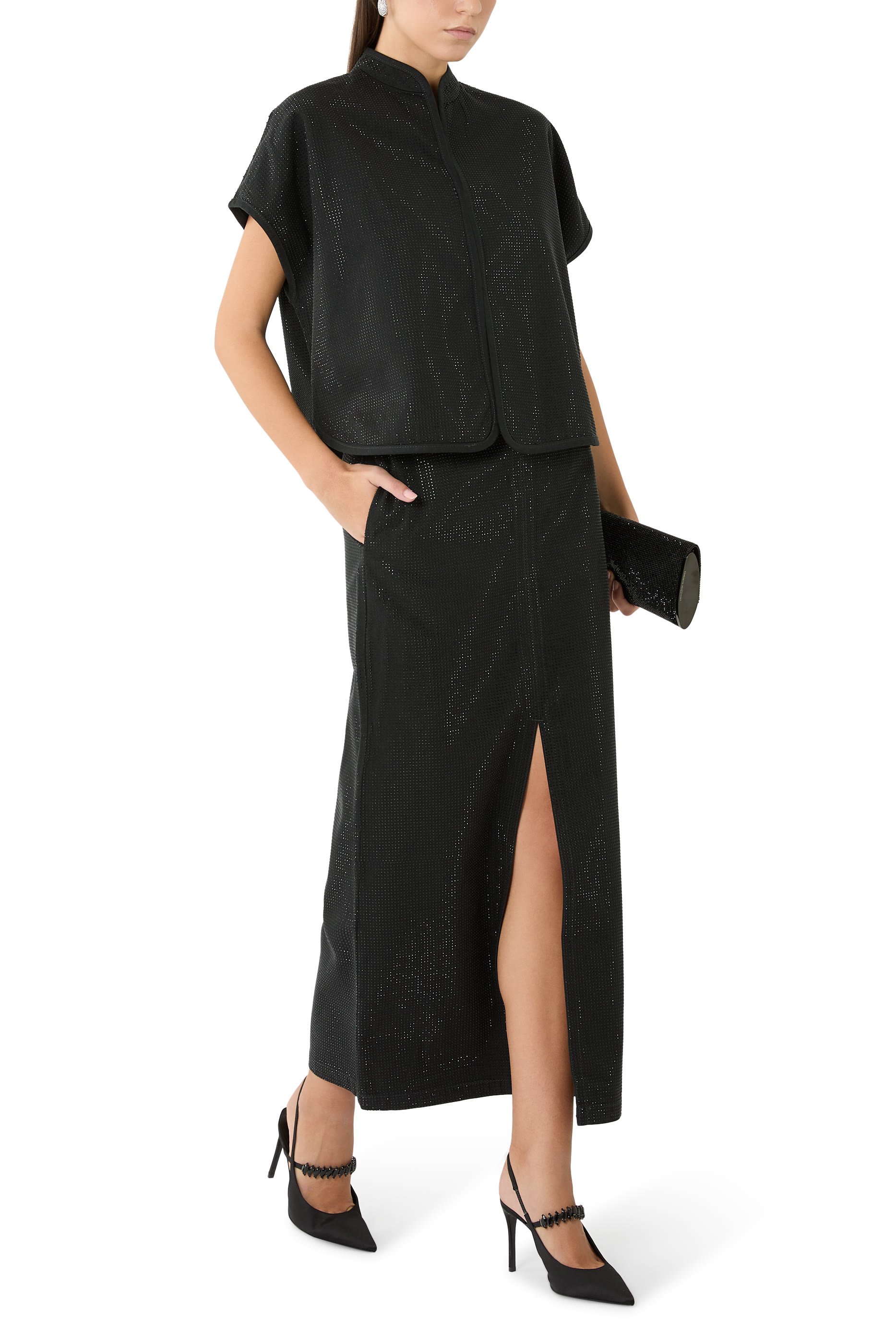 Long Drill Skirt with All-Over Micro Studs 