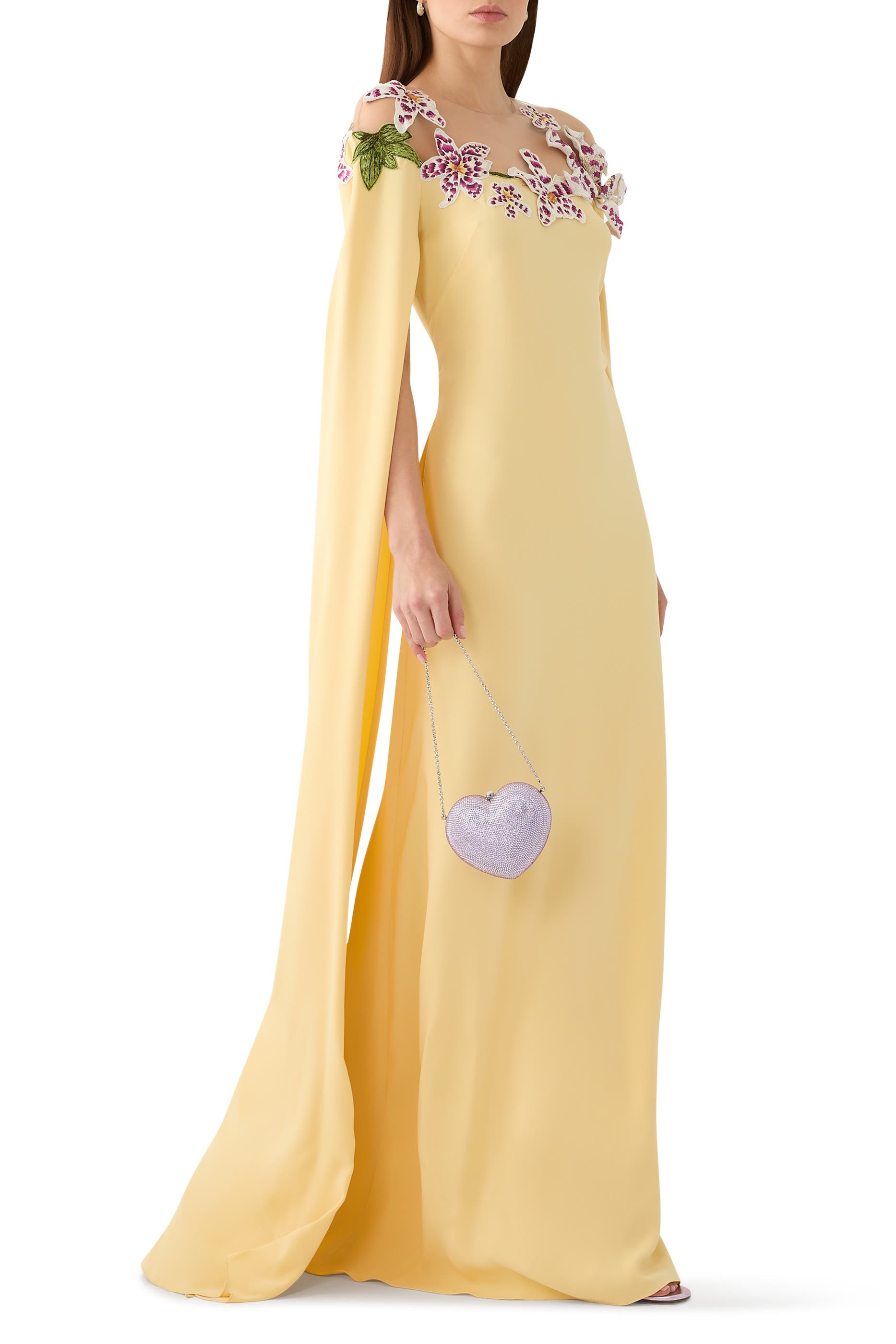 قفطان بياقة مزينة بنقشة ألوان مائية لزهور أوركيد