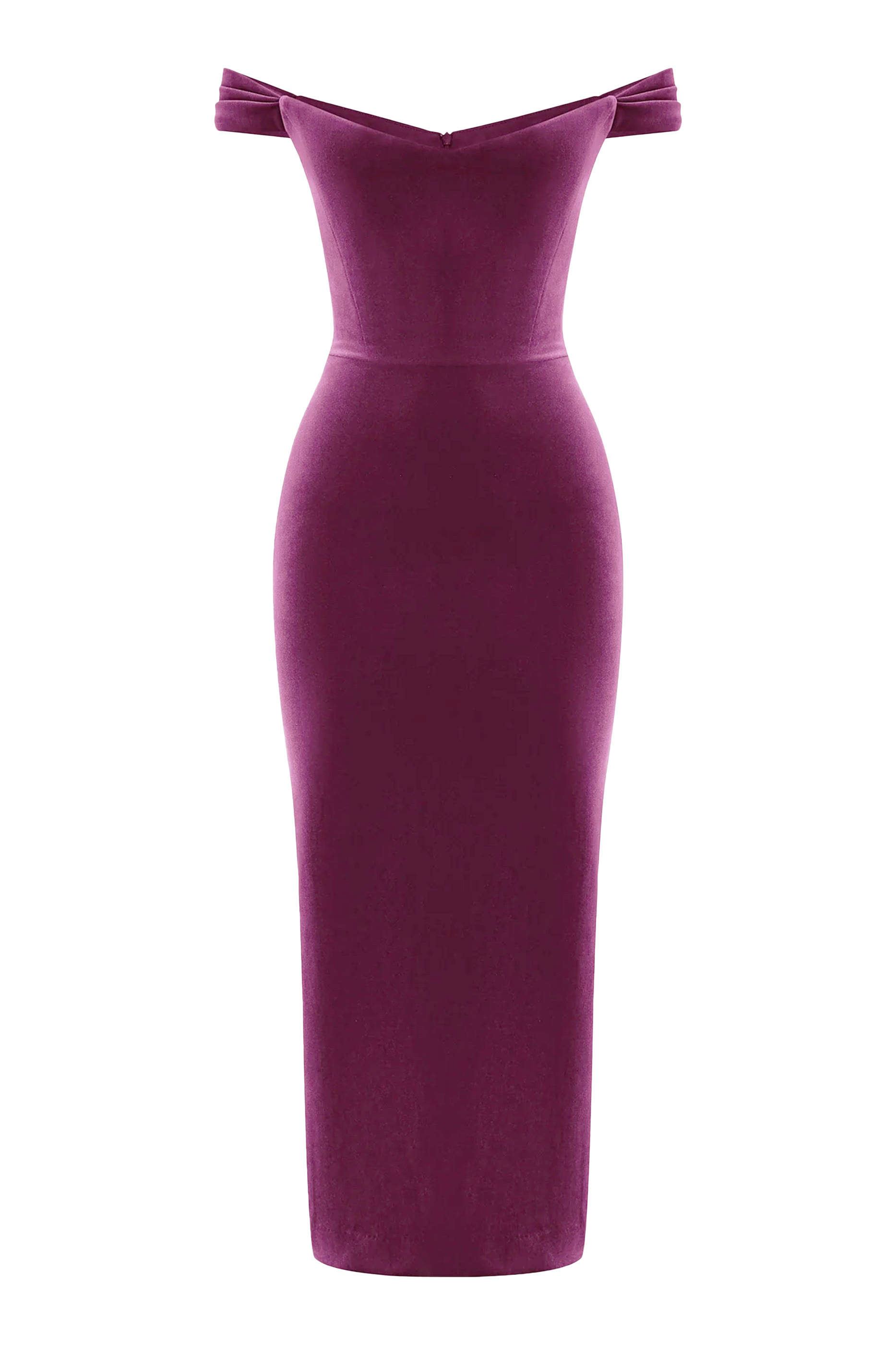 فستان بأكتاف مكشوفة وياقة على شكل حرف V بخصر ضيق قماش مخملي