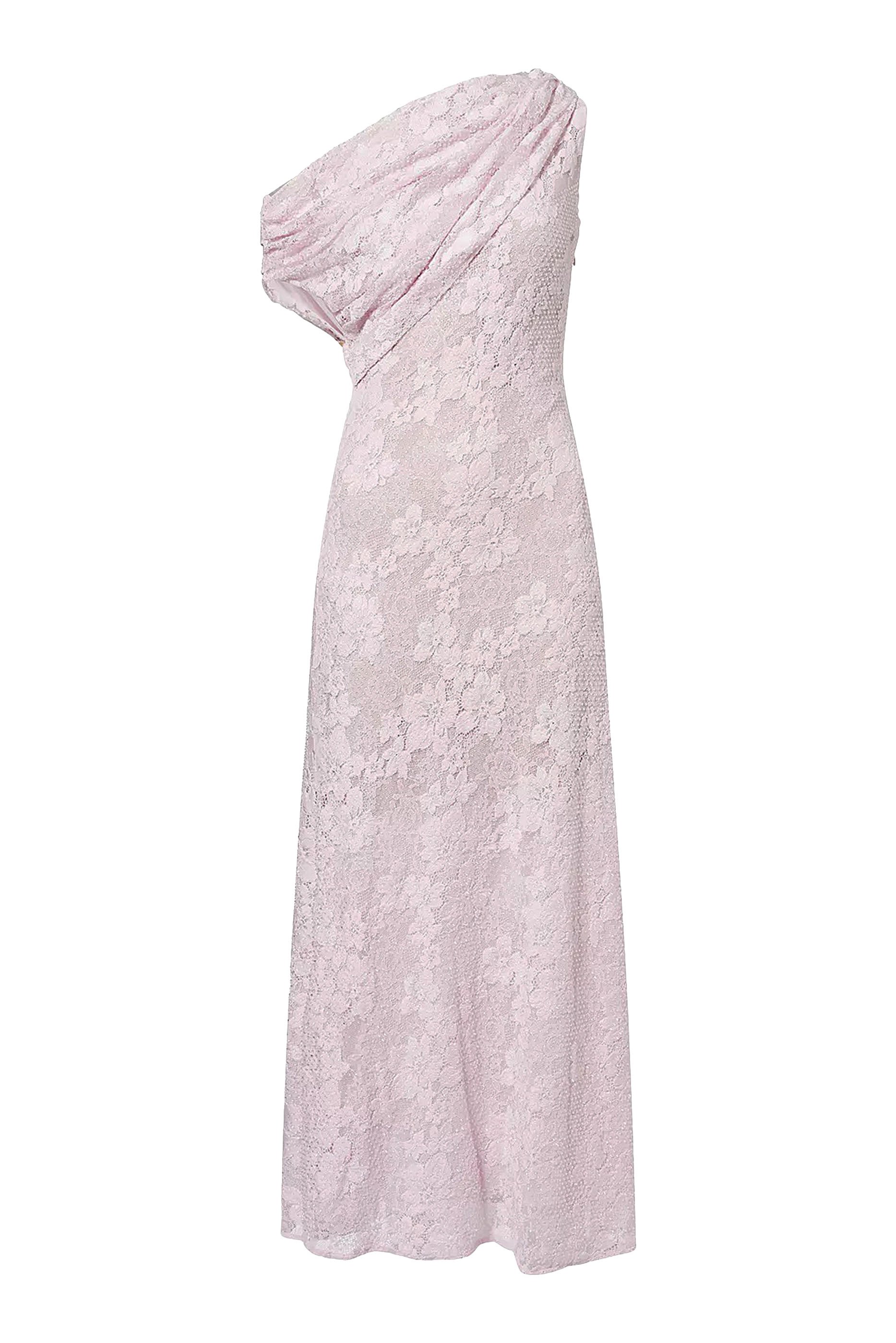 فستان بتصميم غير متماثل مطرز بأحجار الراين دانتيل