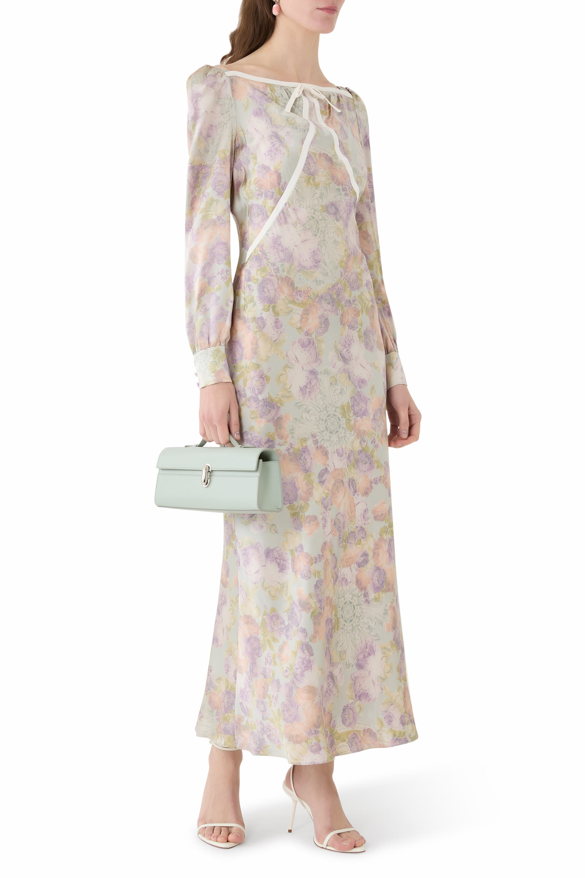 فستان متوسط الطول بنقشة حرير ستان