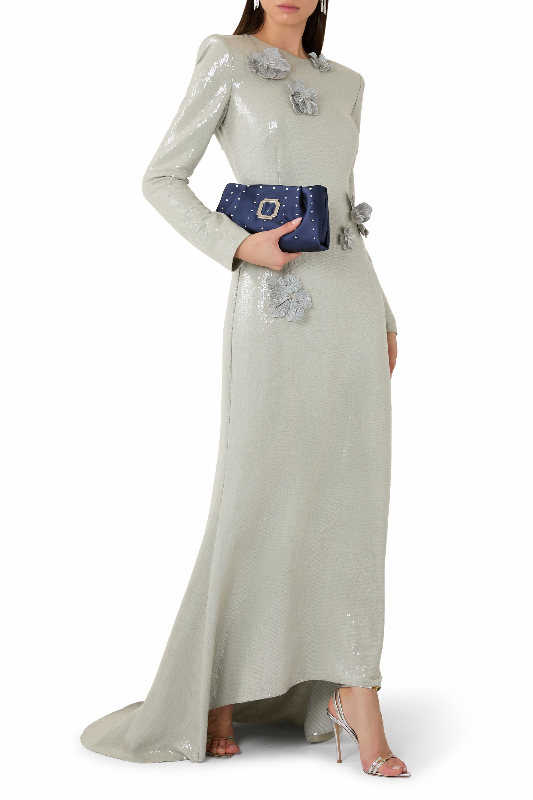 Long Sleeve Sequin Cherry Blossom Embroidered Gown 