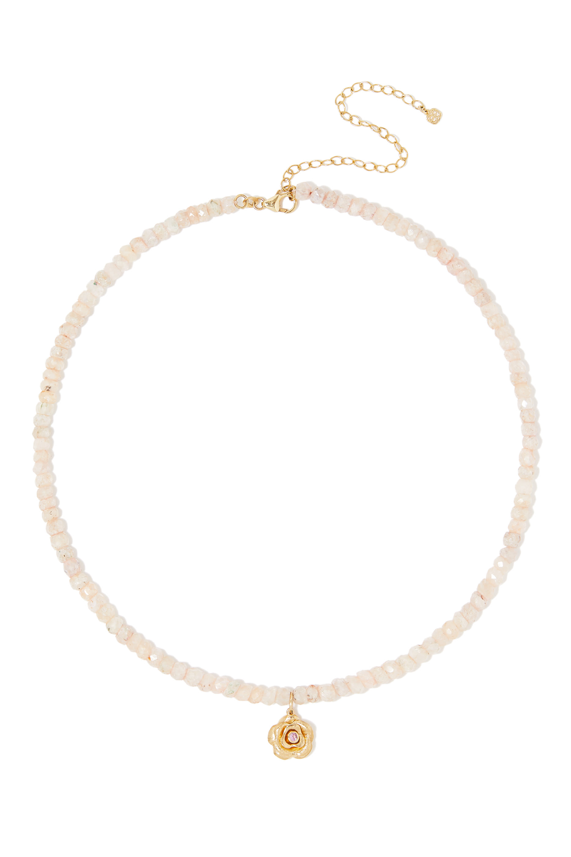 قلادة مزينة بخرز جرابوليت وردي ودلاية بتصميم وردة مرصعة بالياقوت الوردي ذهب أصفر عيار 14