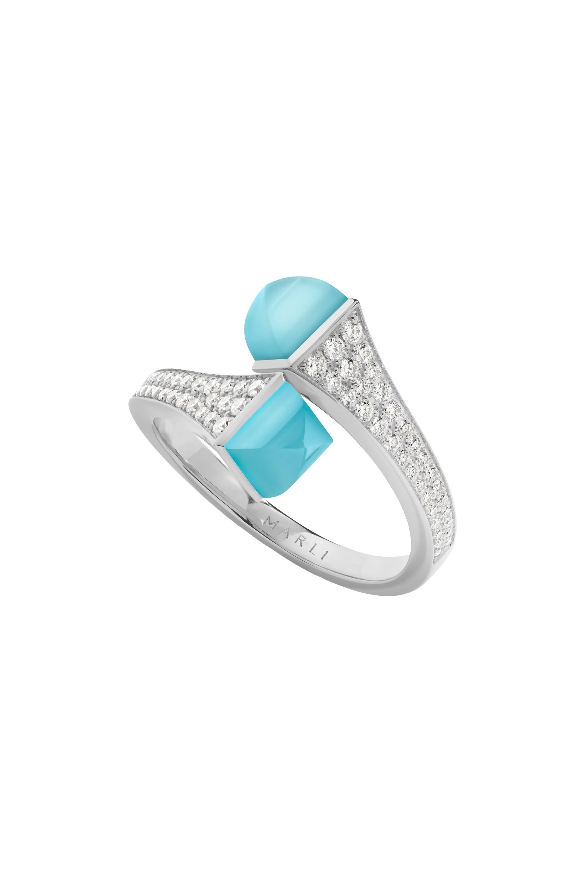 خاتم كليو رفيع متوسط مرصع بالماس وأحجار كالسيدوني، ذهب أبيض عيار 18