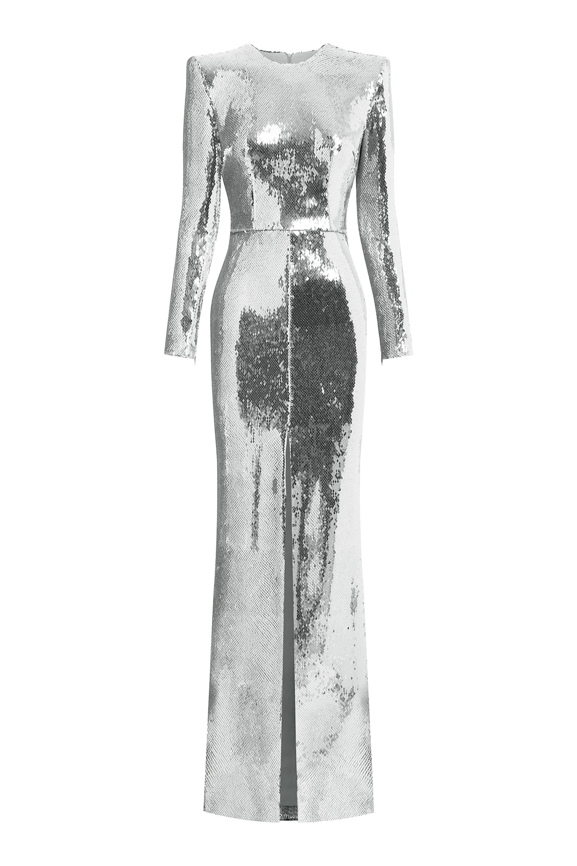 فستان سهرة بأكمام طويلة وقصة مستقيمة مزين بترتر