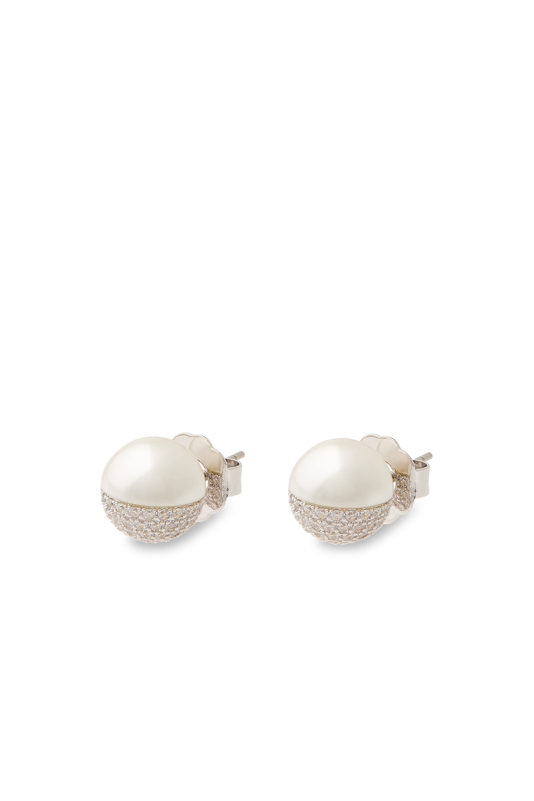 CZ and Pearl Split Stud Earrings, Rodhium, Cubic Zirconia & Glass Pearl