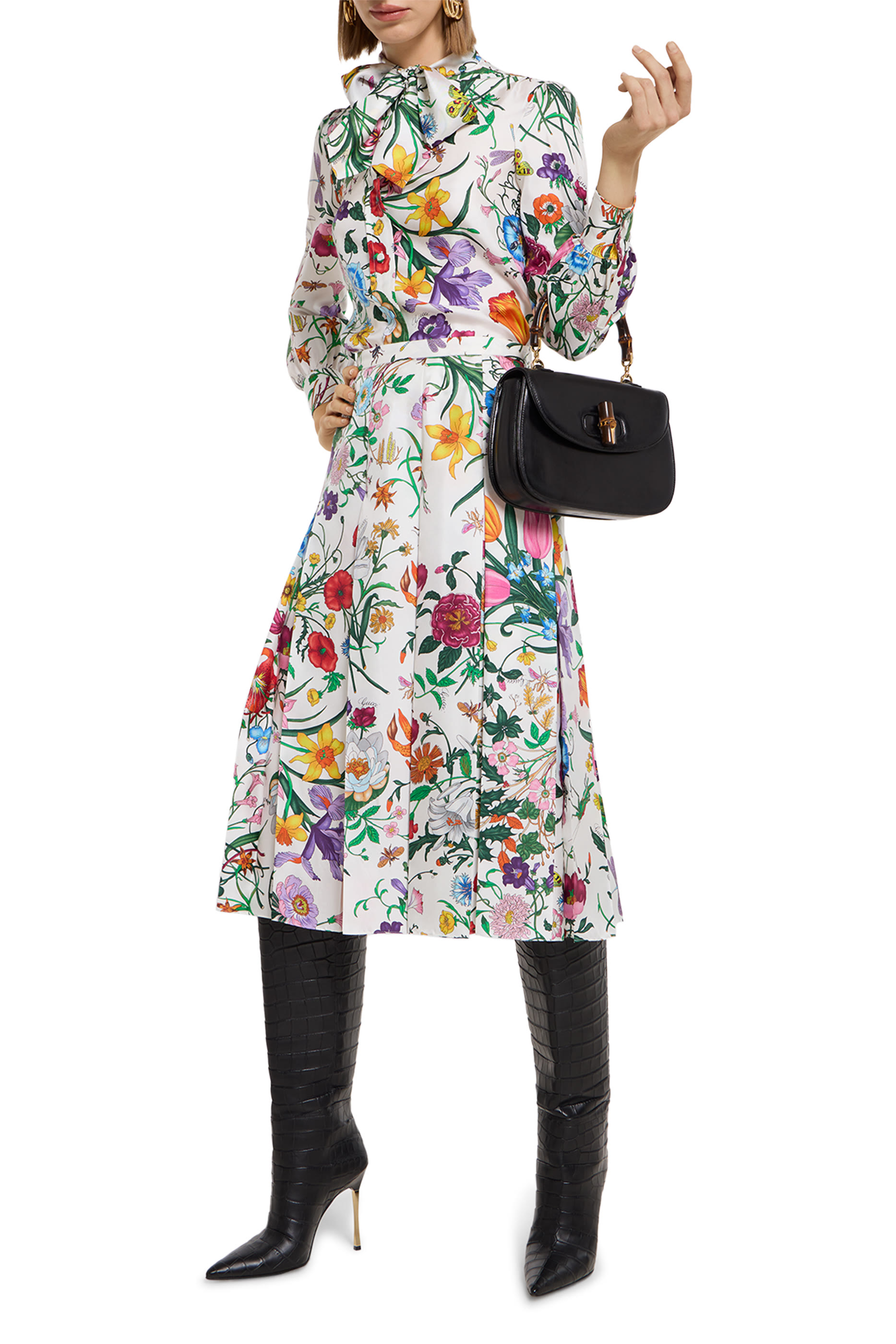 تنورة بطيات ونقشات زهور حرير تويل