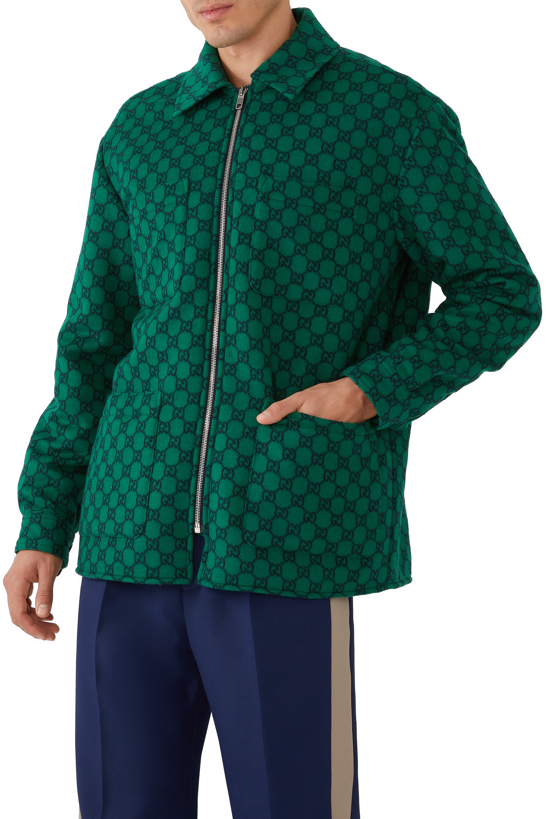 قميص بنمط جاكيت مبطن بنقشة حرفي شعار الماركة صوف فلانيل