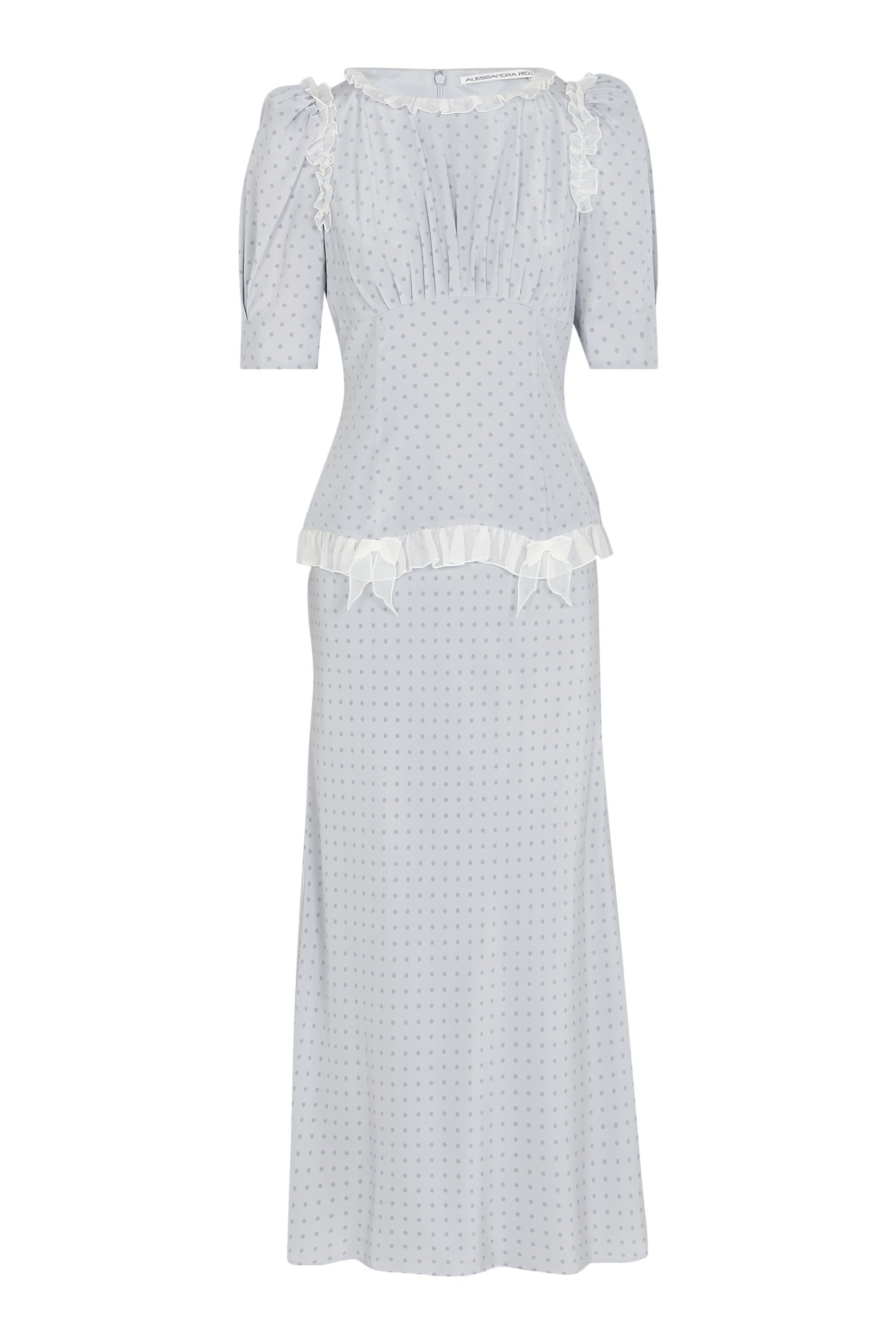 فستان بنقشة نقاط بولكا متوسط الطول مزين بكشكش