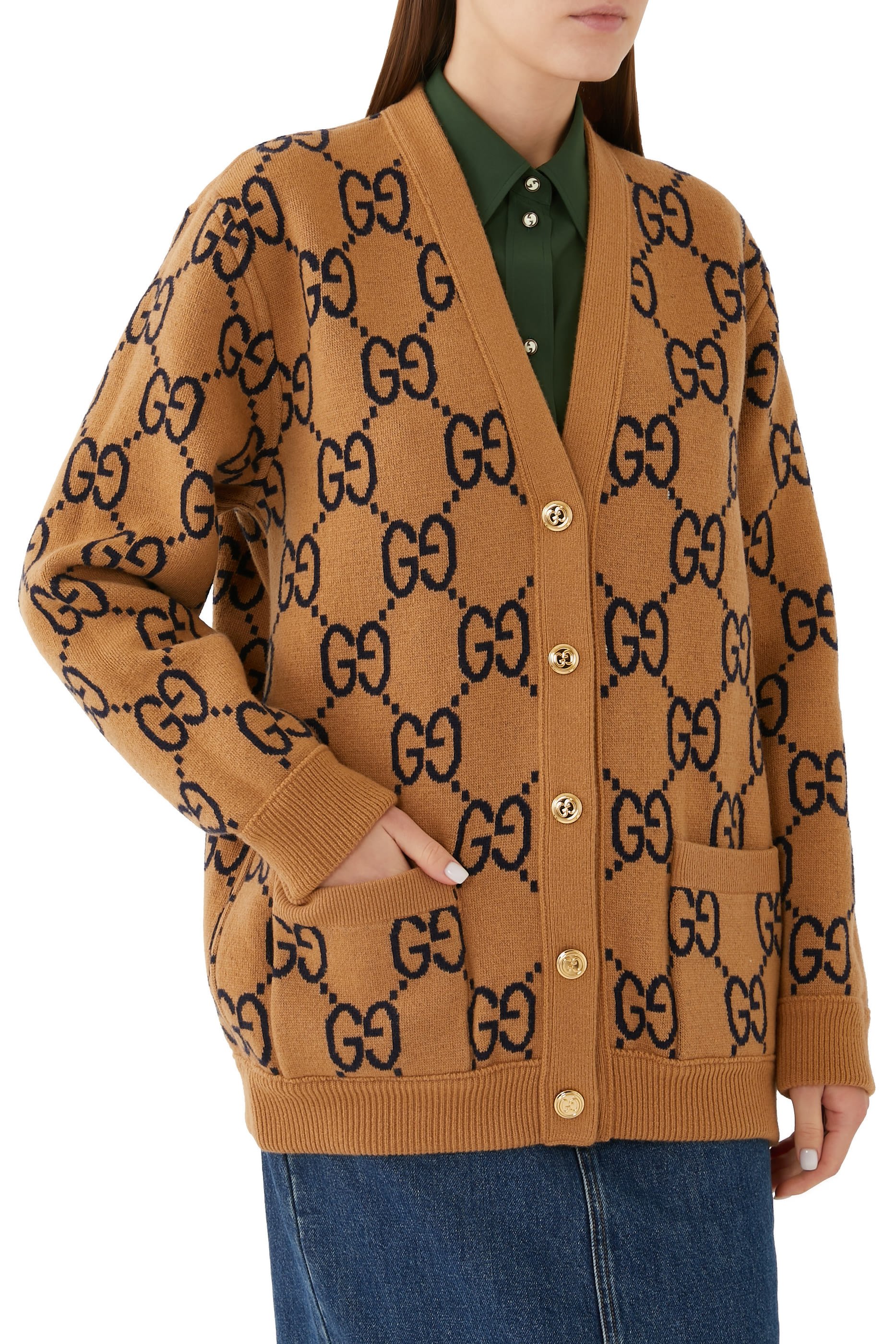 كارديجان بتصميم وجهين ونقشة مربعات صوف