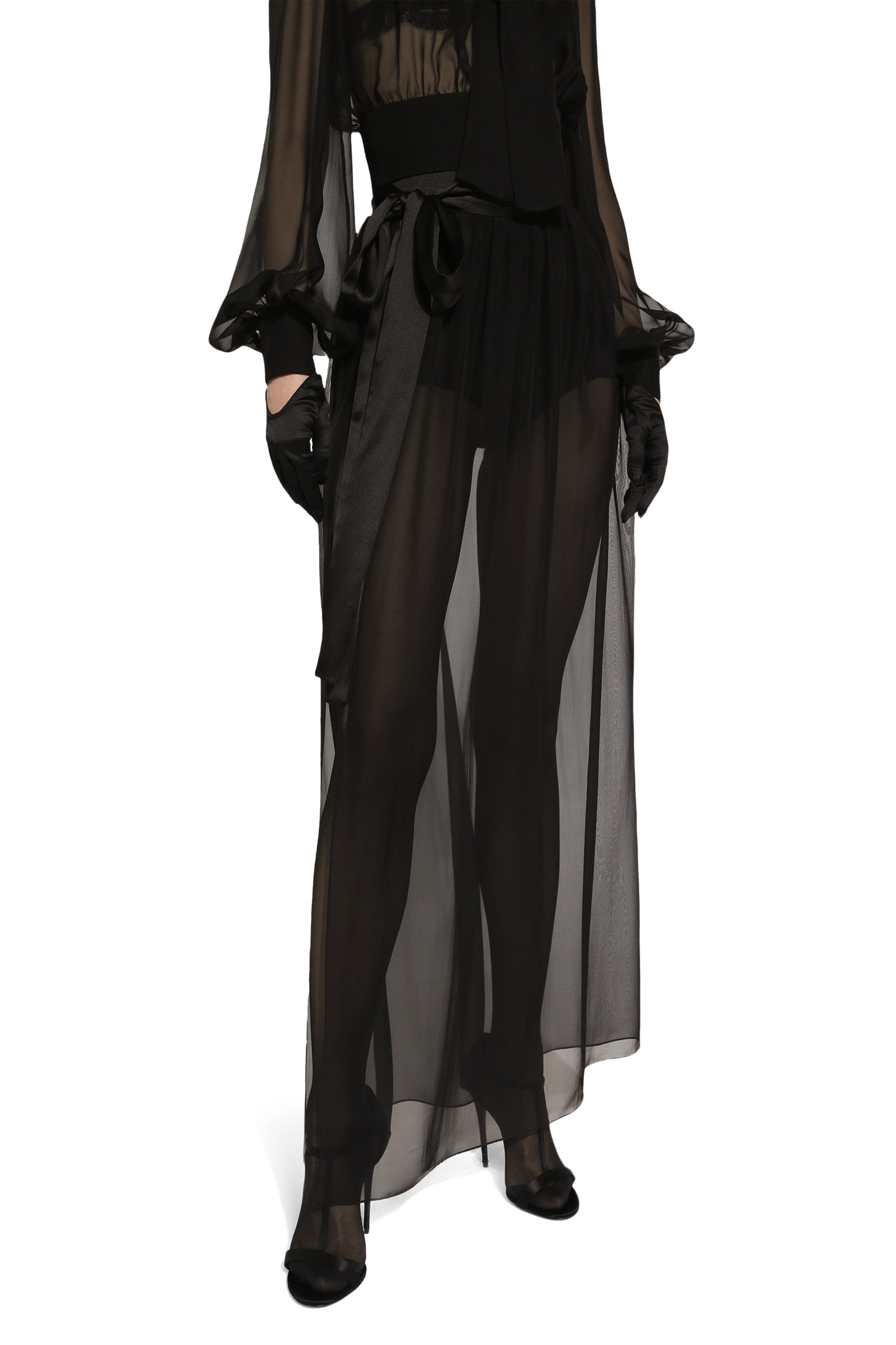 تنورة طويلة بحزام حرير شيفون