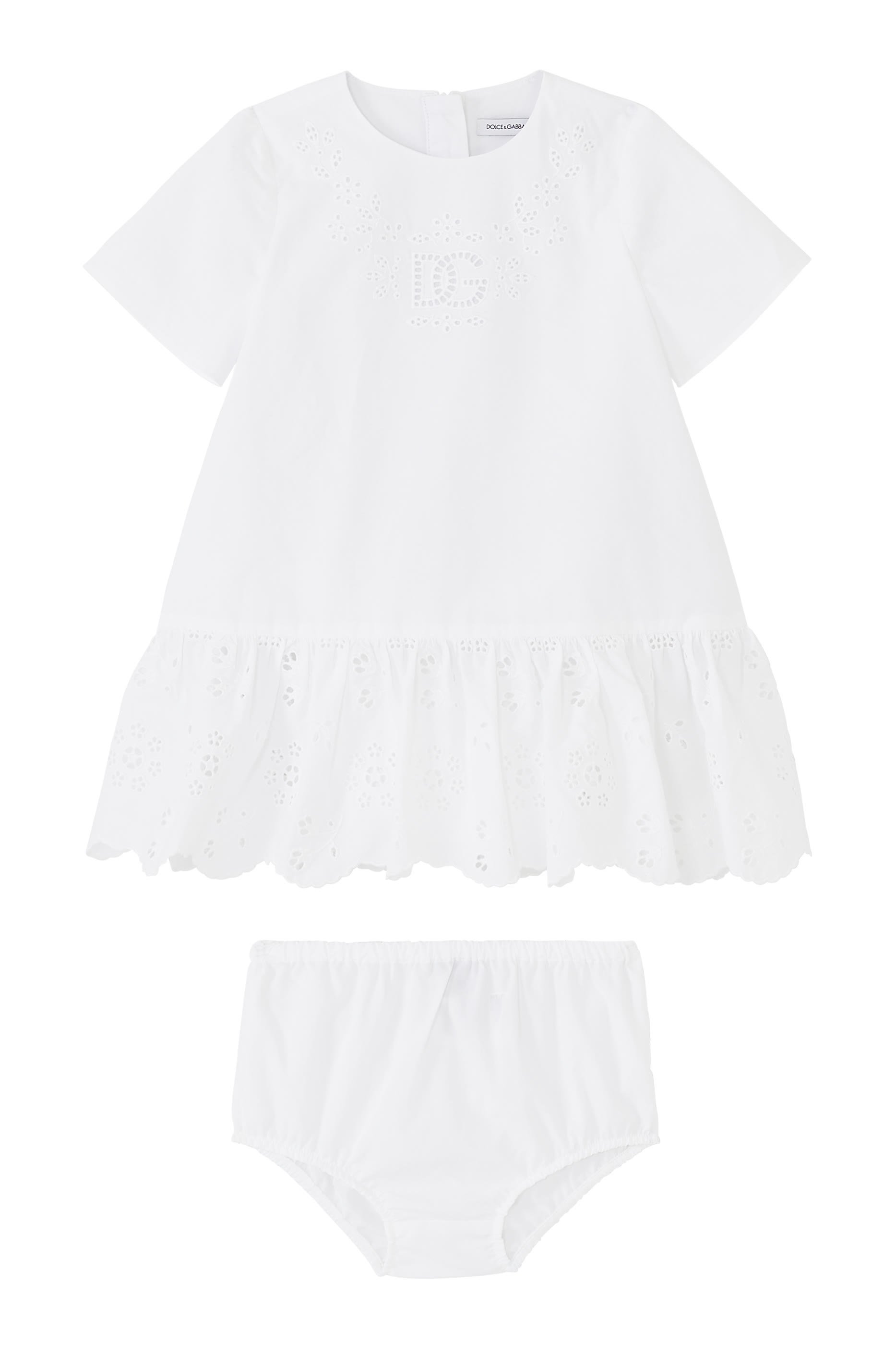 فستان جيرسيه وبوبلين مكشكش بشعار الماركة للأطفال