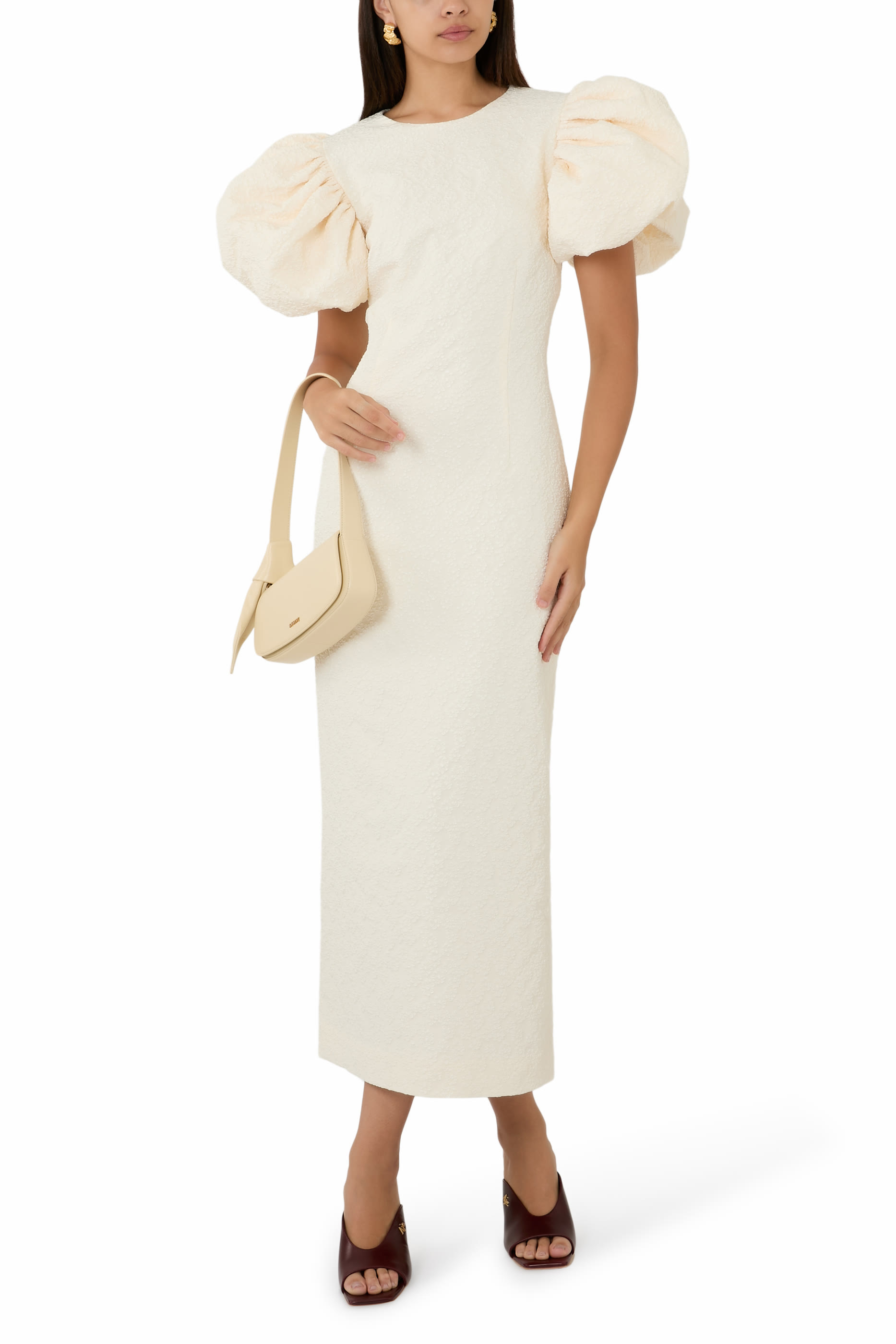 فستان متوسط الطول بأكمام منفوخة جاكار