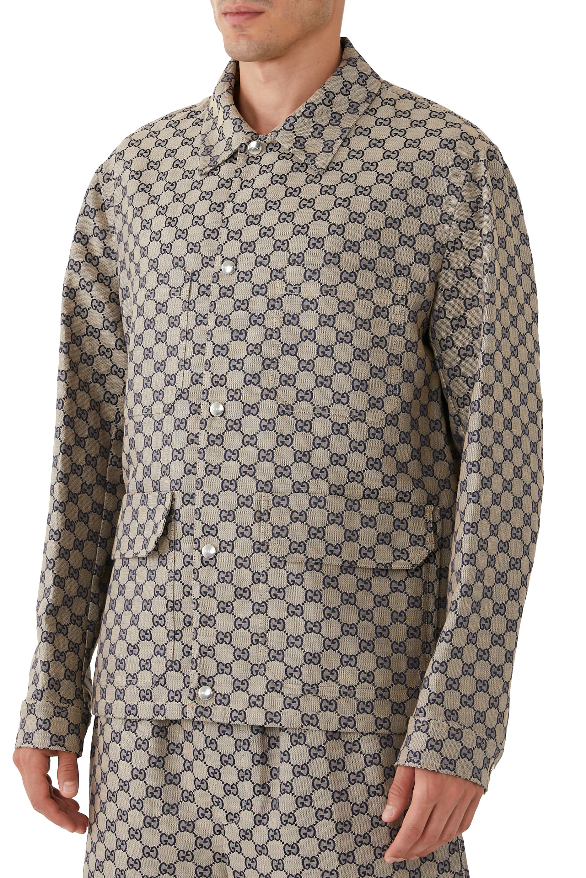 جاكيت بنقشة حرفي شعار الماركة مزيج كتان وقماش قنب