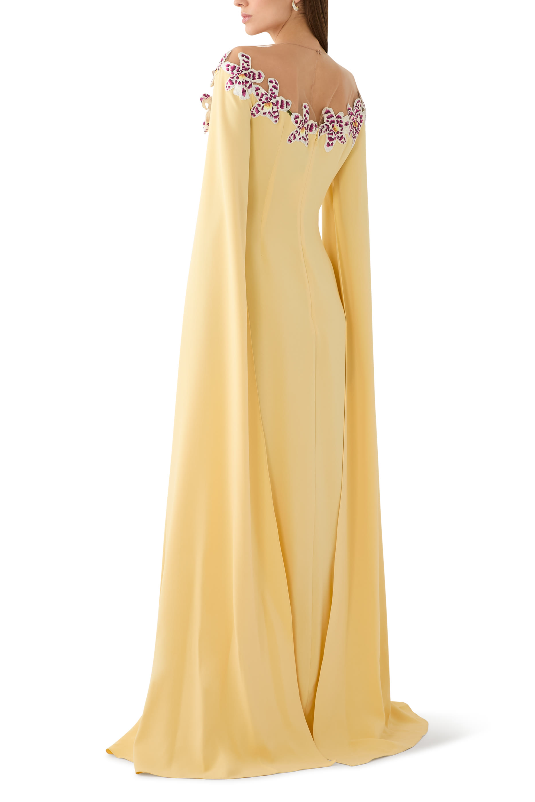 قفطان بياقة مزينة بنقشة ألوان مائية لزهور أوركيد