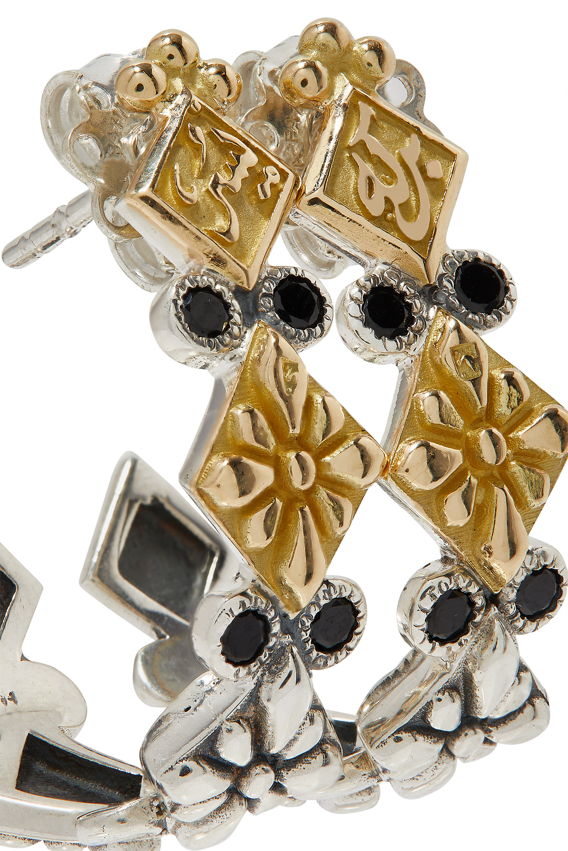 أقراط دائرية ترايبل بنقشة زهور فضة إسترلينية وذهب أصفر عيار 18