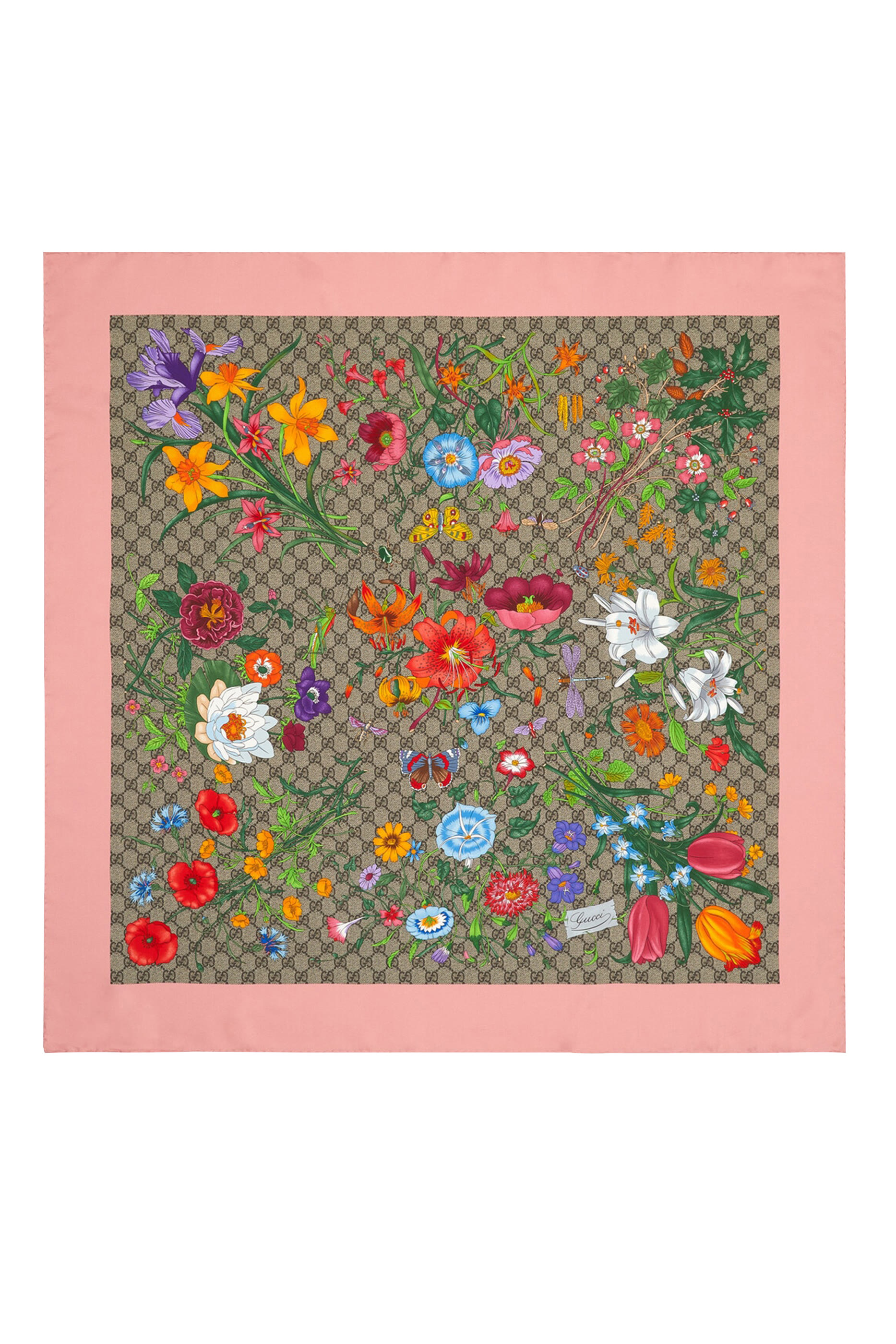 وشاح حرير بطبعة زهور وشعار GG