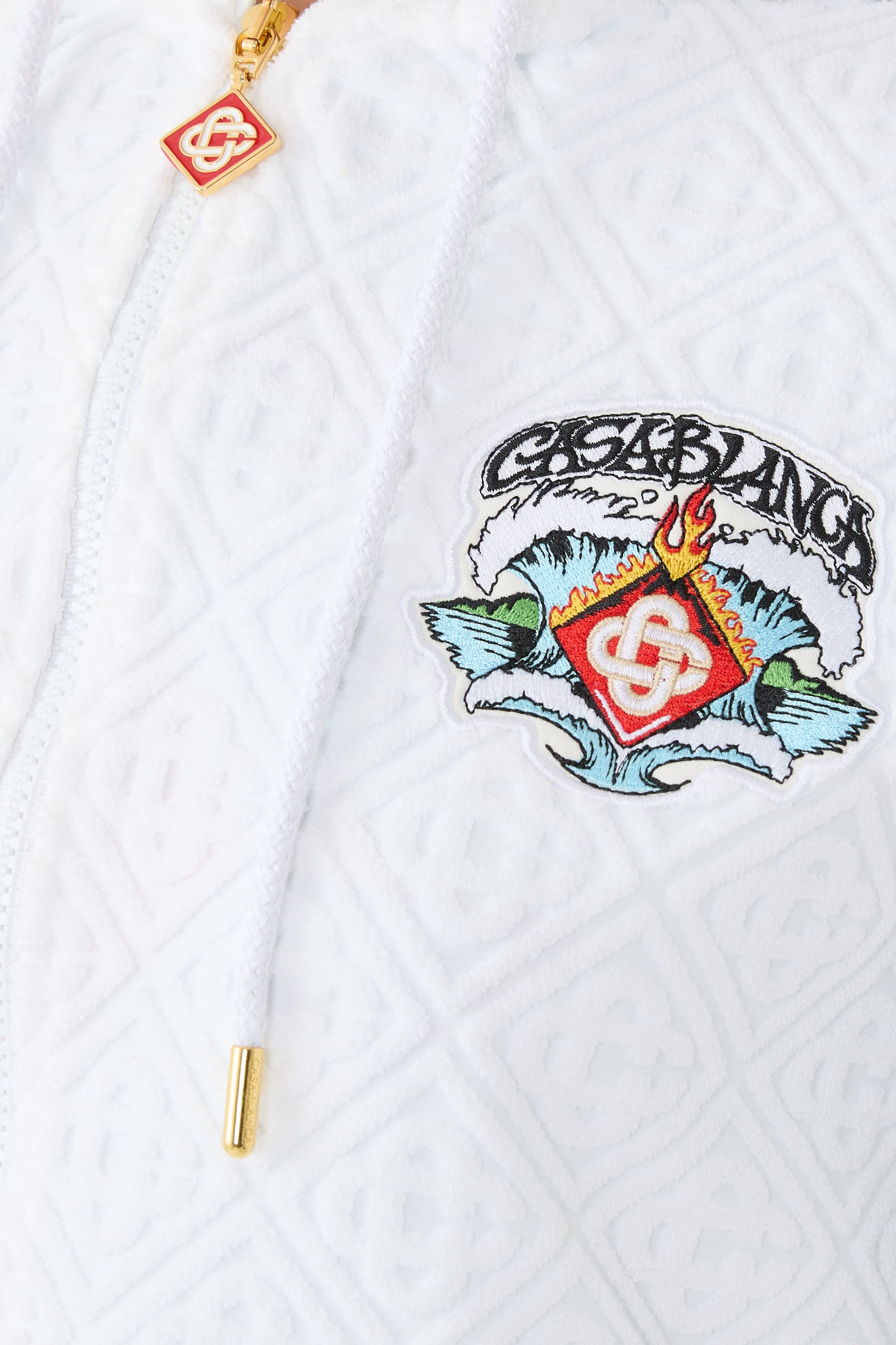 هودي بسحاب كامل وتطريز بتصميم أمواج وحروف شعار الماركة قماش فائق الإمتصاص