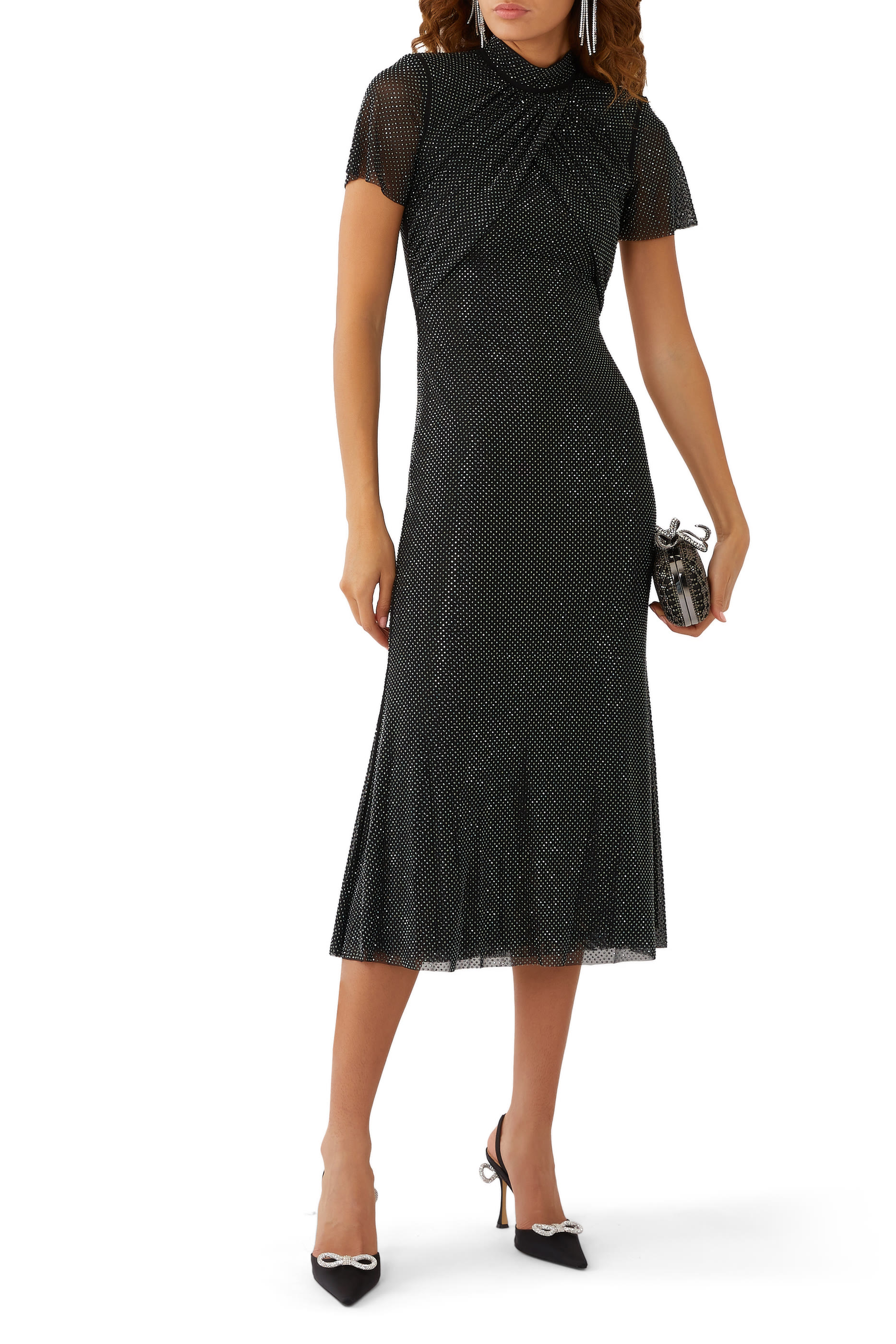 فستان متوسط الطول قماش شبكي بأحجار الراين