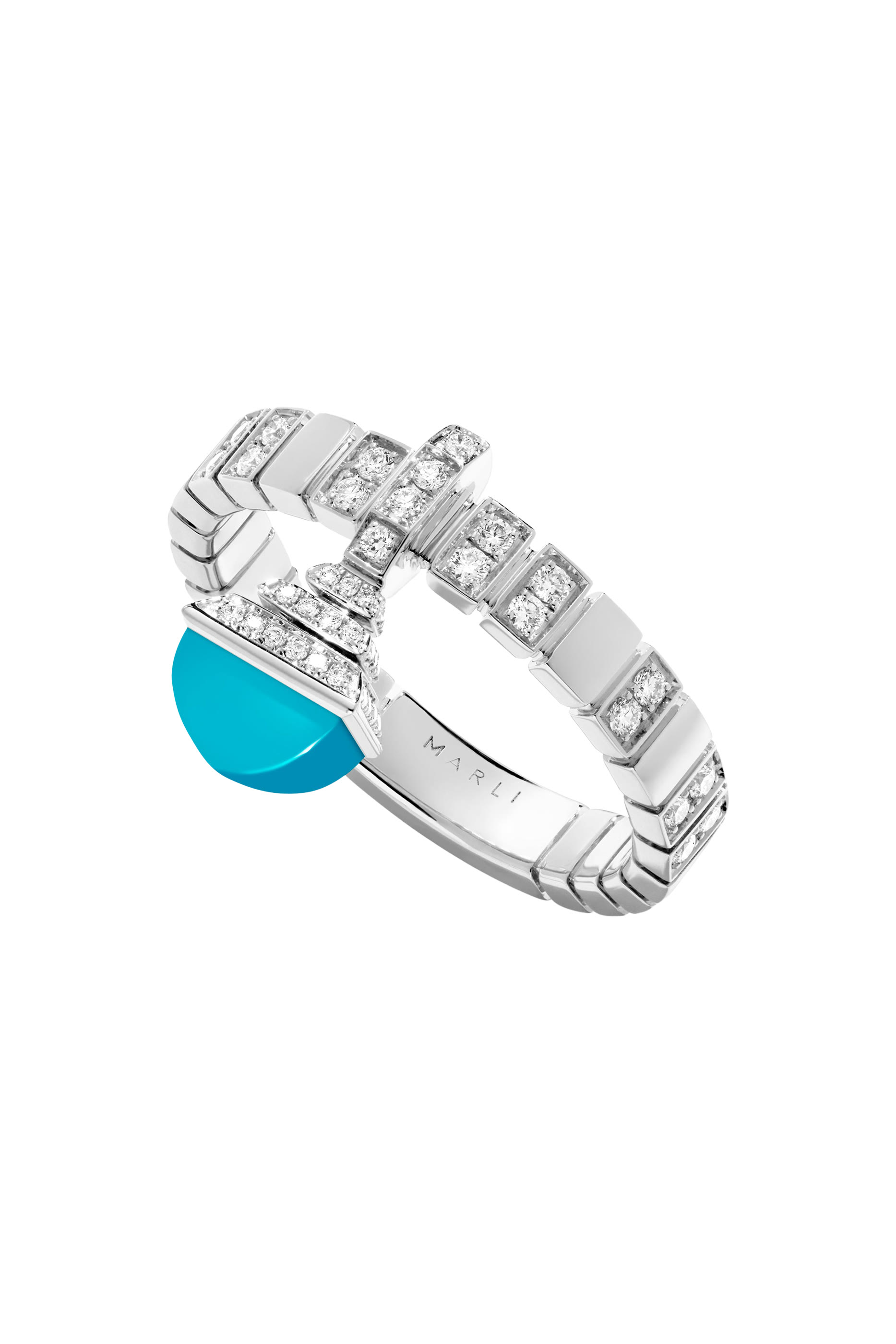 خاتم كليو بحلية مرصع بفيروز وماس ذهب أبيض عيار 18