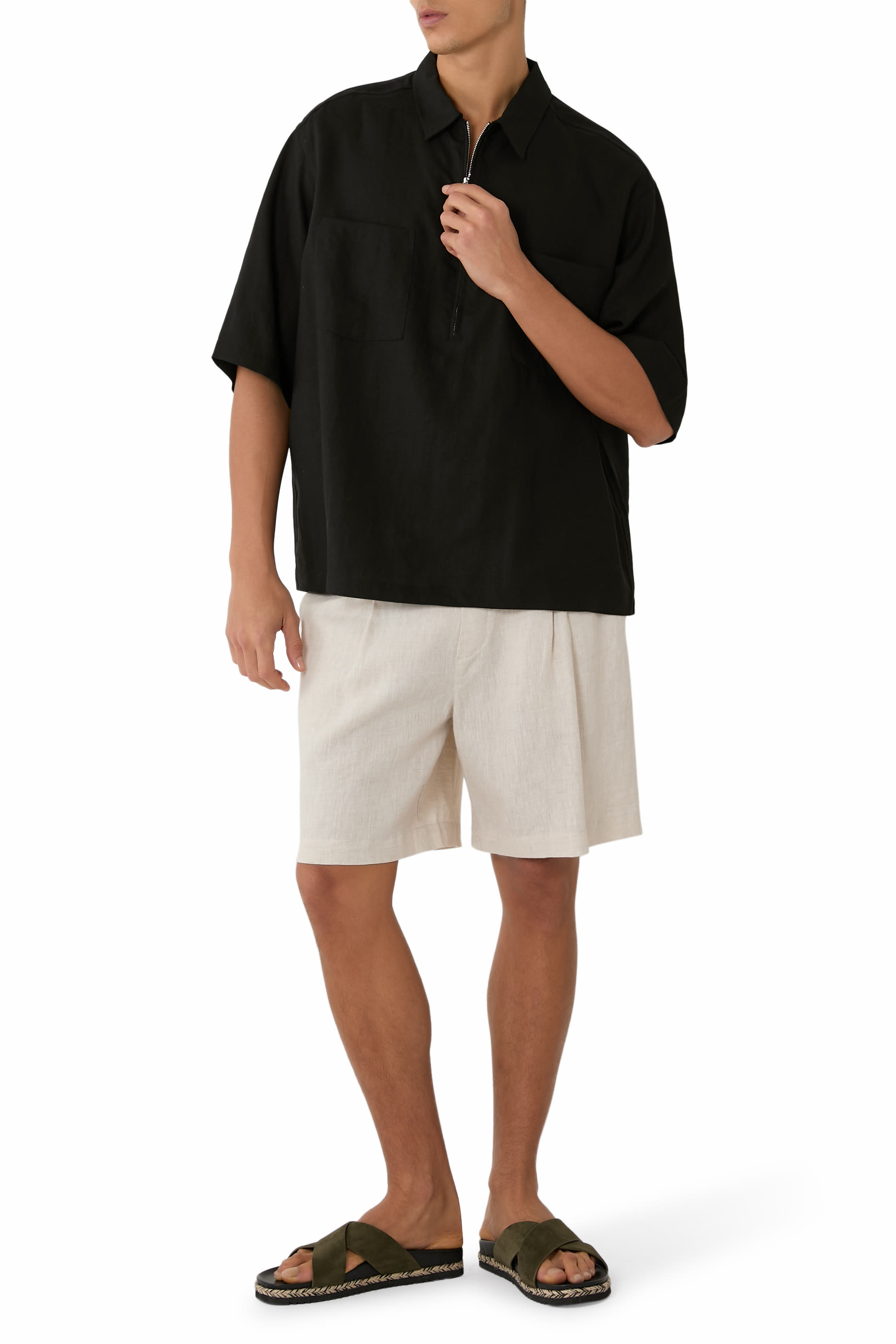 Pure Linen Shirt With Partial Zip