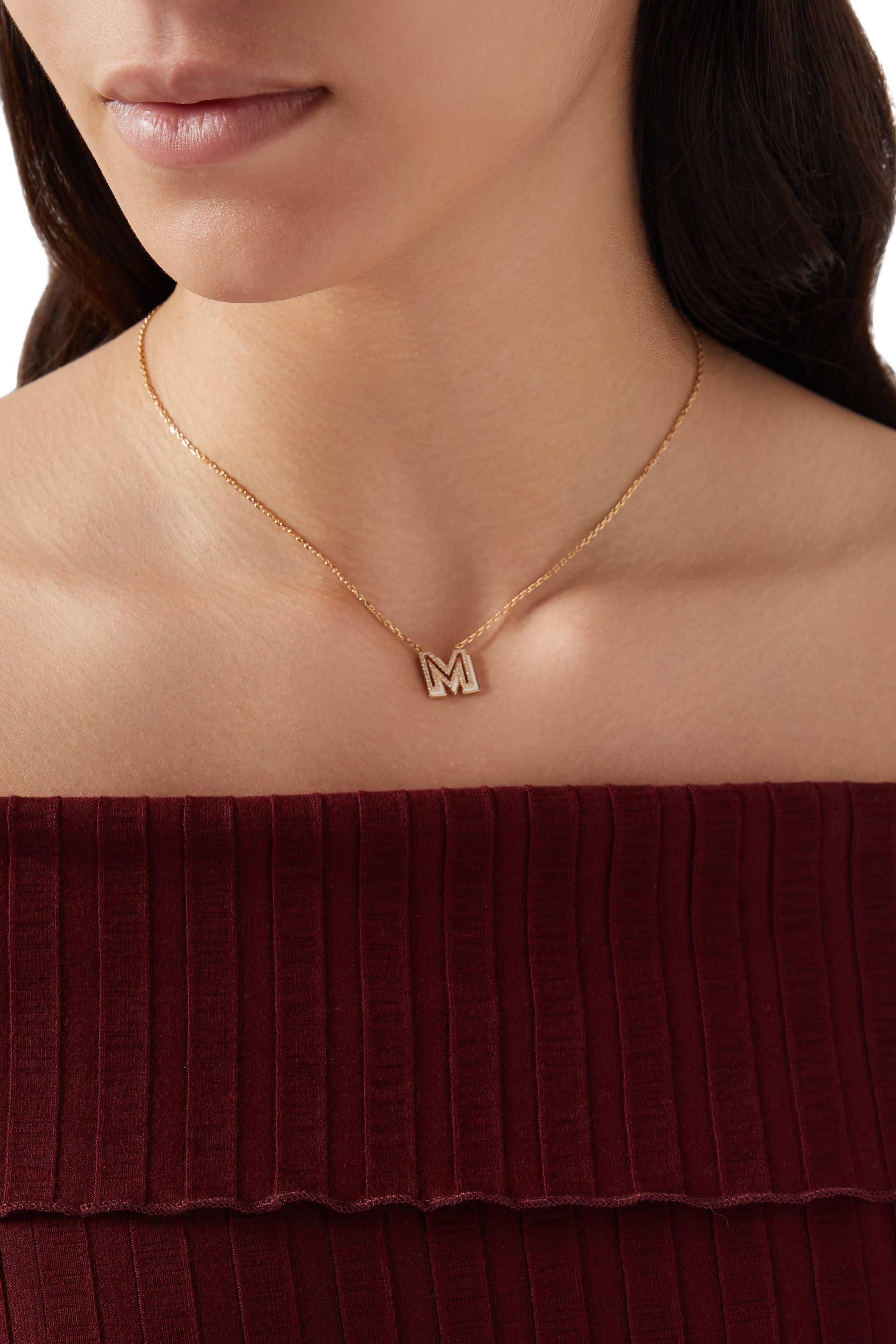 Letter M Silhouette Necklace, 18k Yellow Gold with Diamonds & Enamel
