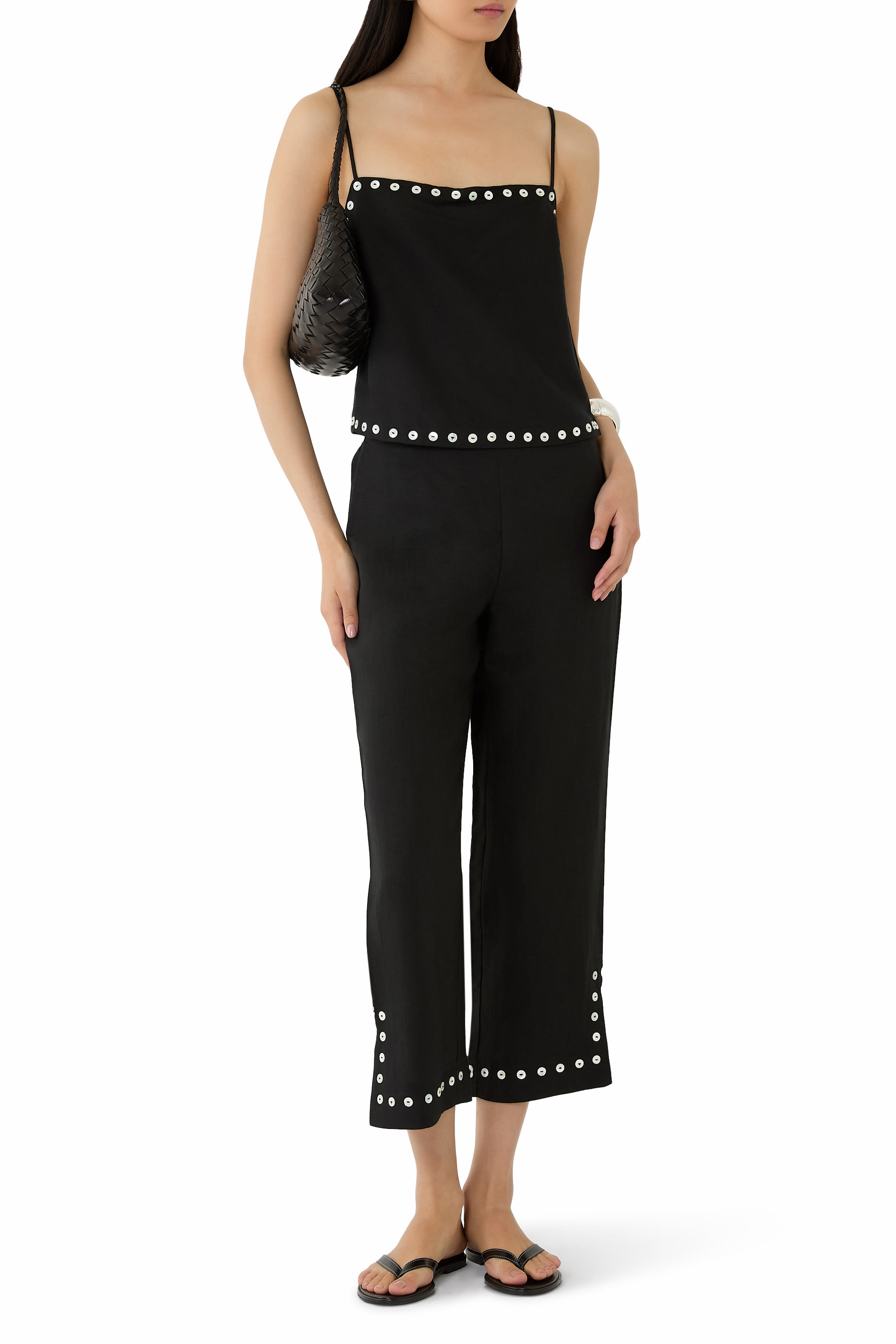 بنطال بيها بقصة واسعة مزيج الكتان