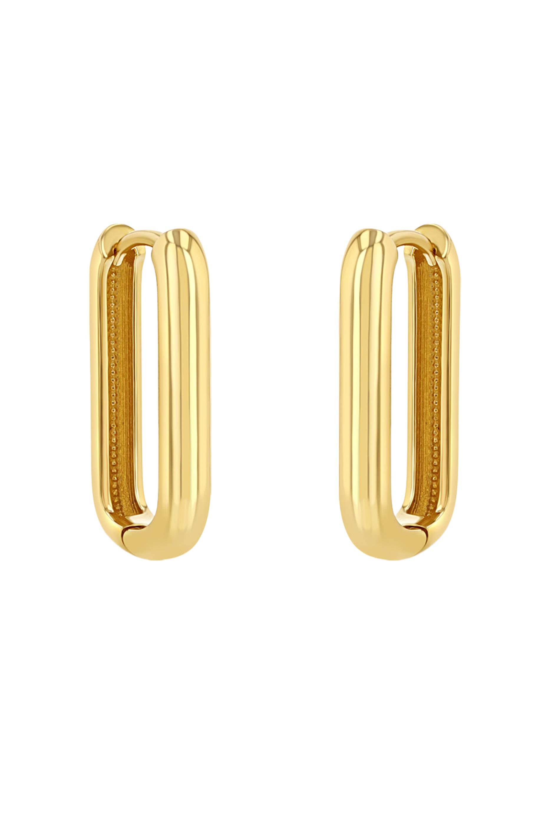 أقراط كبيرة بإغلاق مفصلي وتصميم بيضاوي سميك مرصع بالماس، ذهب أصفر عيار 14