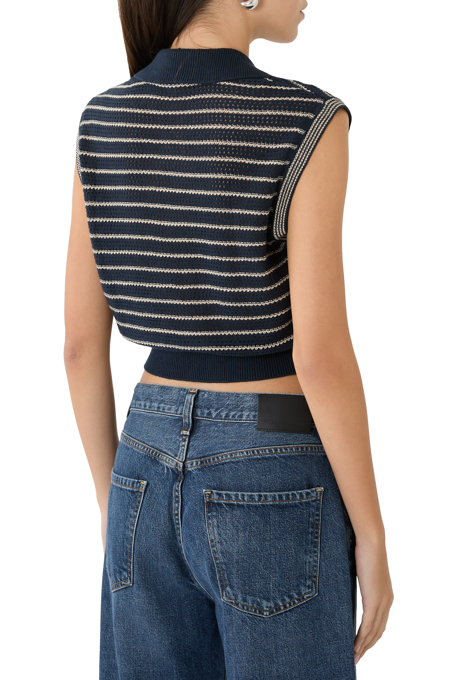 كنزة بولو منسوجة مخططة بشعار الماركة