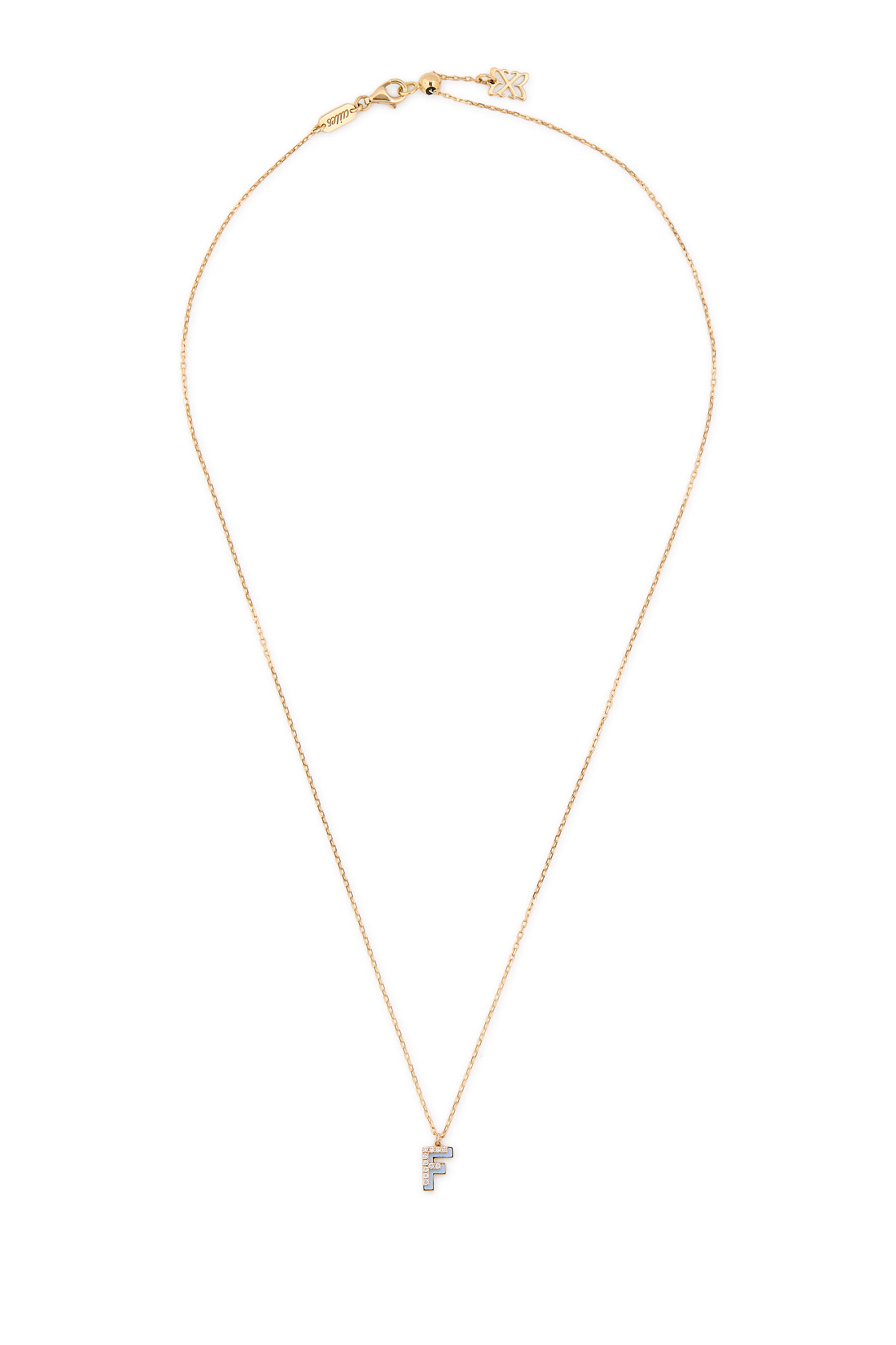 قلادة بدلاية بتصميم حرف F مزينة بالماس والمينا، ذهب أصفر عيار 18