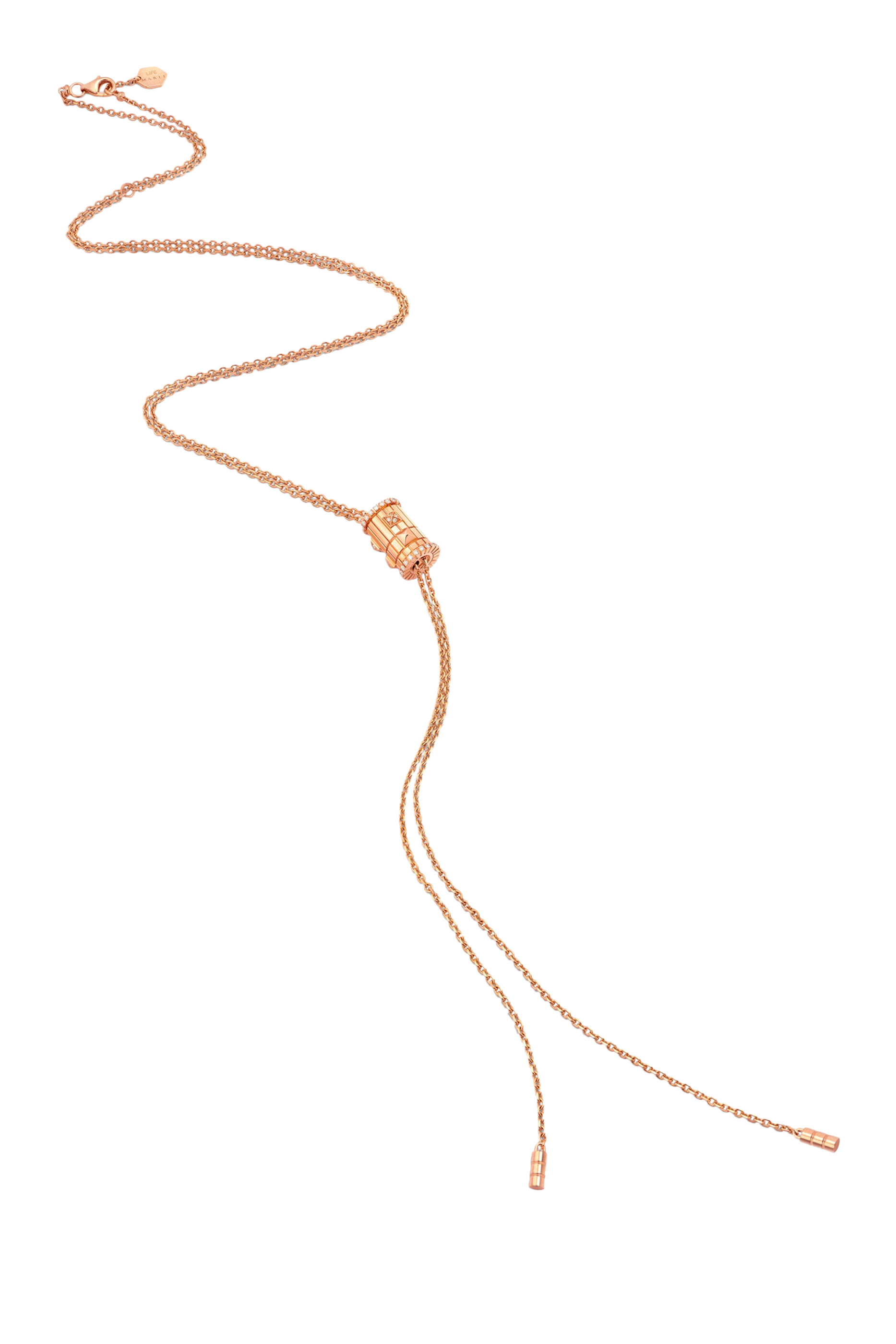 قلادة لايف بتصميم ربطة عنق ودلاية دوارة مرصعة كليا بالماس، ذهب وردي عيار 18