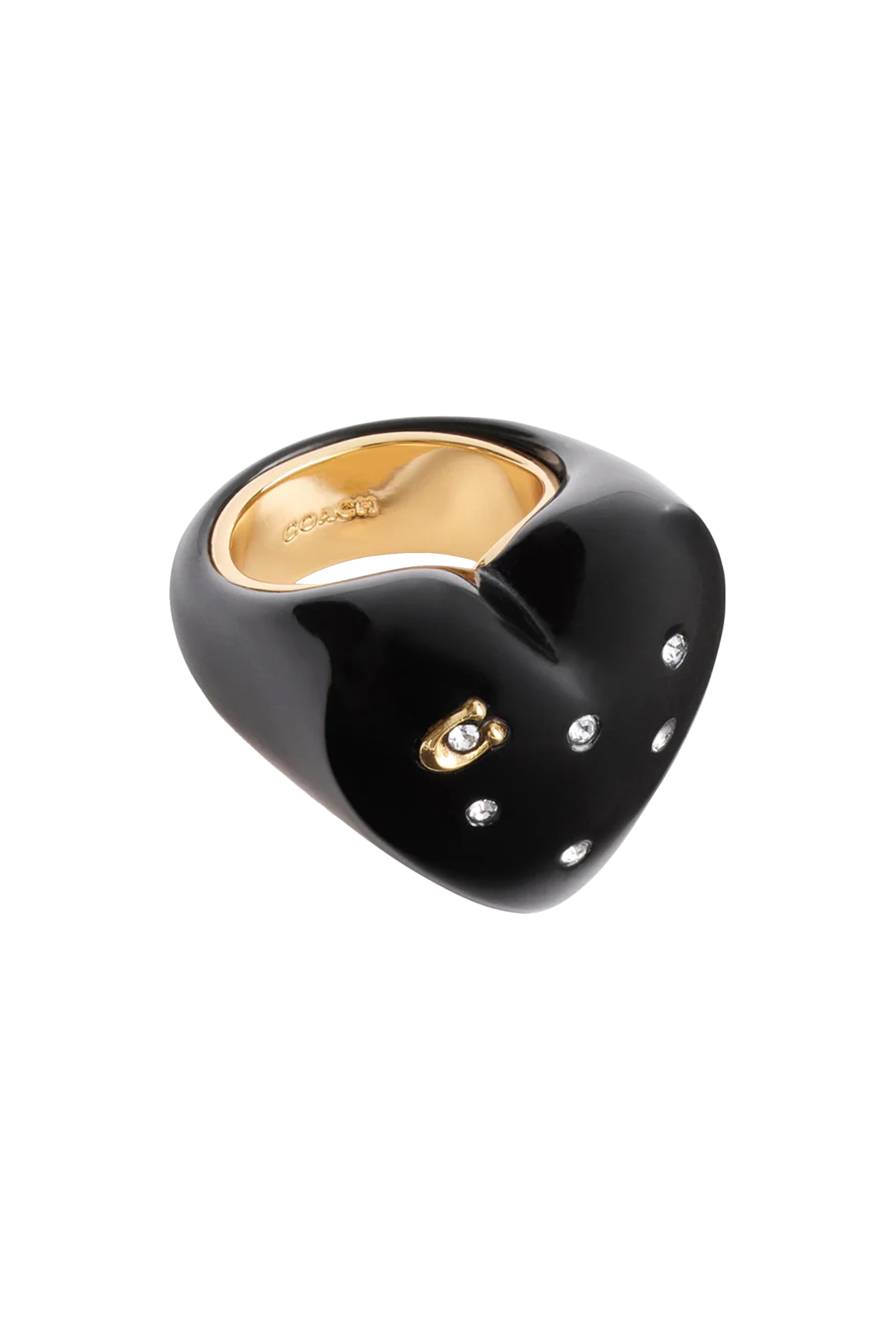 خاتم كوكتيل بتصميم قلب بحلي بشعار الماركة مرصعة بكريستال زجاجي نحاس وراتنج