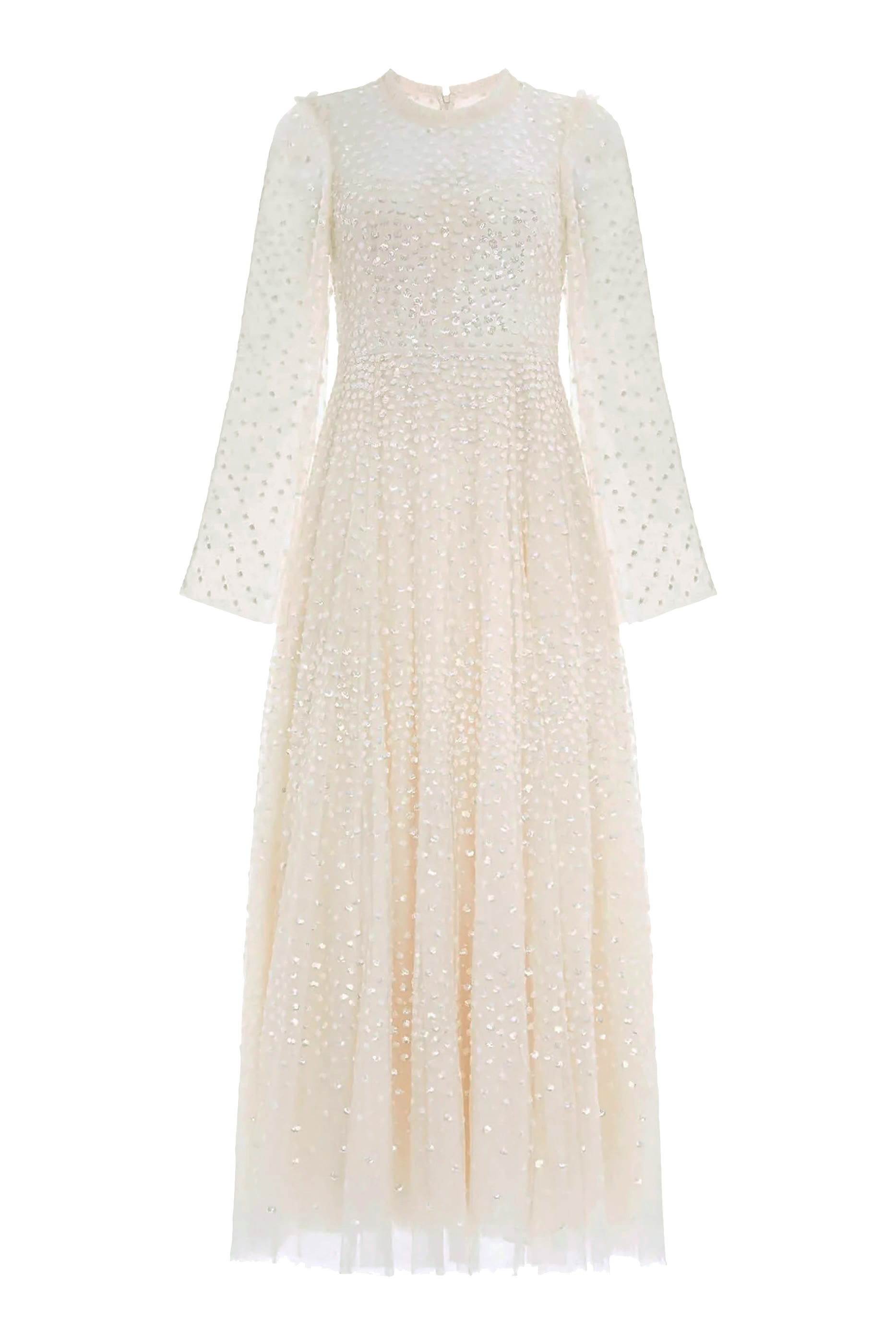 فستان سهرة بياقة مستديرة ونقشة خطوط متناثرة بطول الكاحل